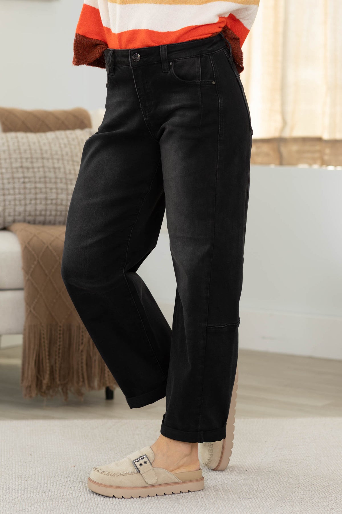 Risen Black High Rise Crop Barrel Cuffed Jeans