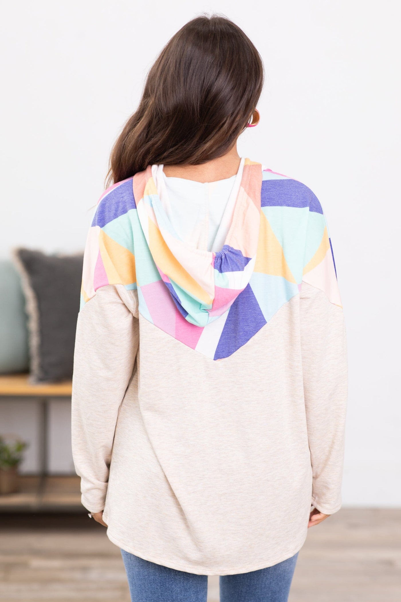 Oatmeal Multicolor Geo Print Hooded Top - Filly Flair