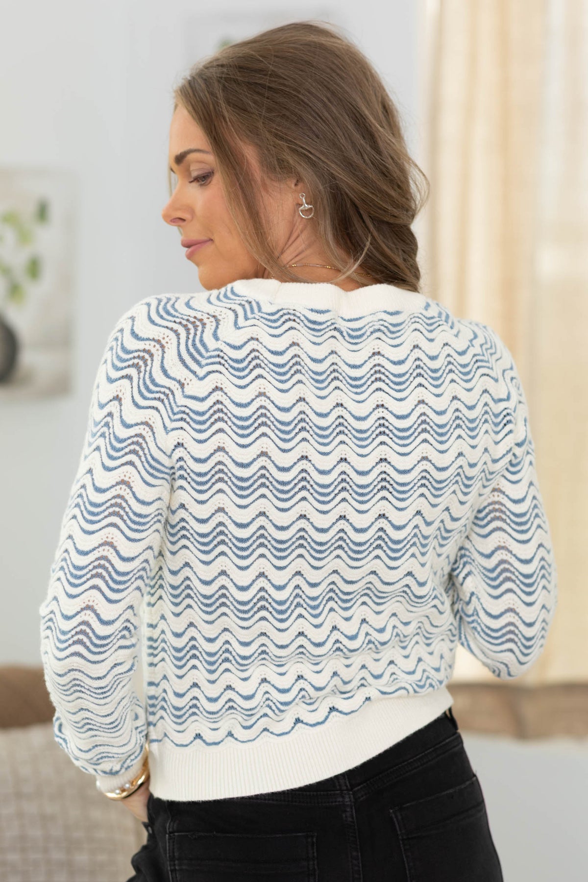 Dusty Blue And Ivory Wave Print Sweater