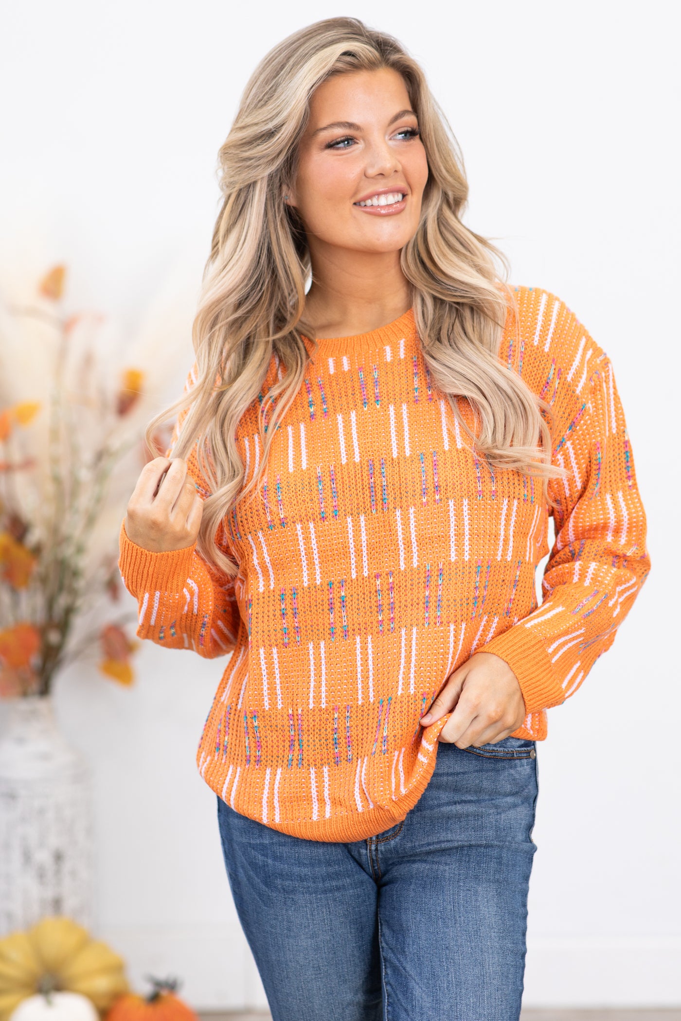 Orange Multicolor Textured Sweater