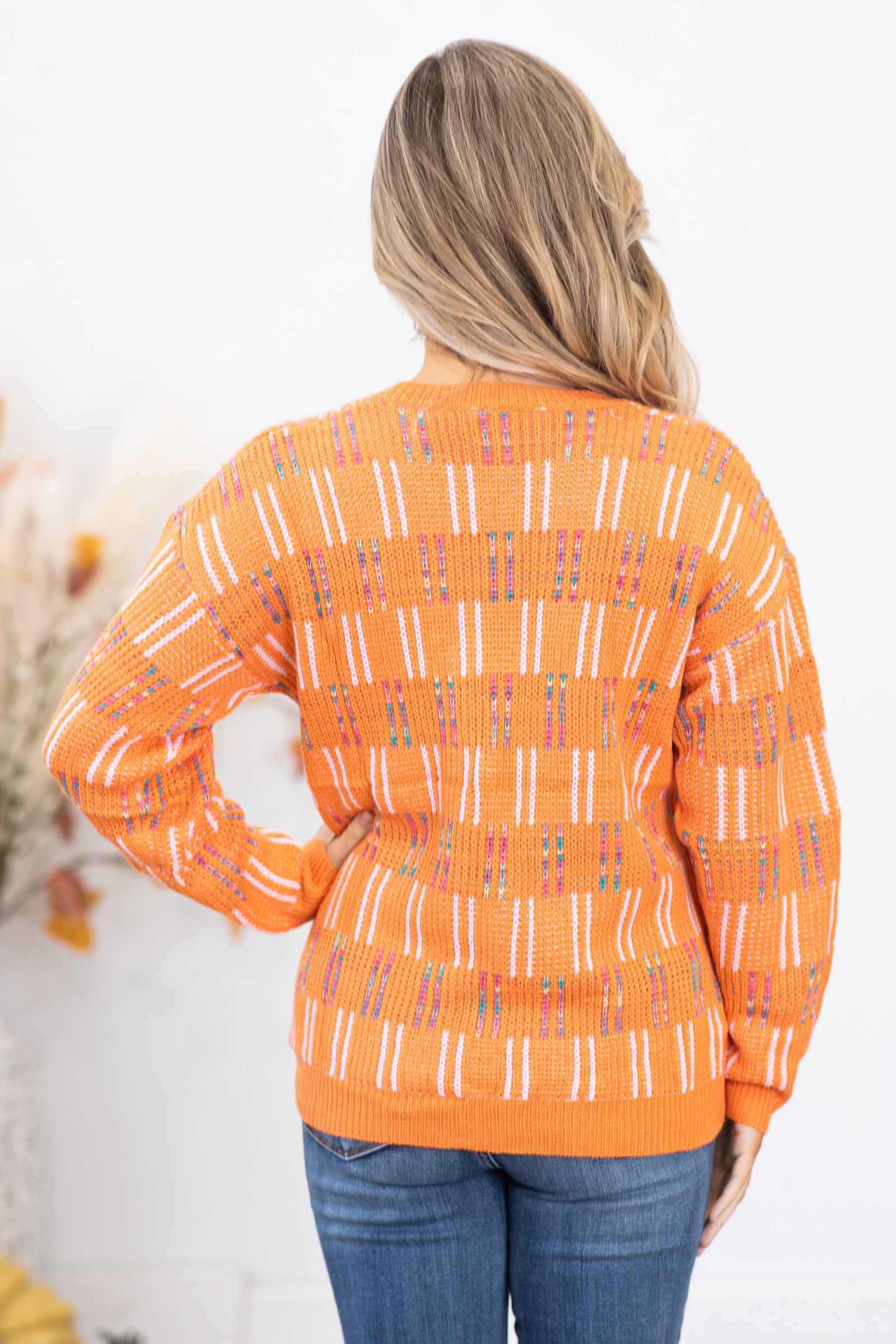 Orange Multicolor Textured Sweater