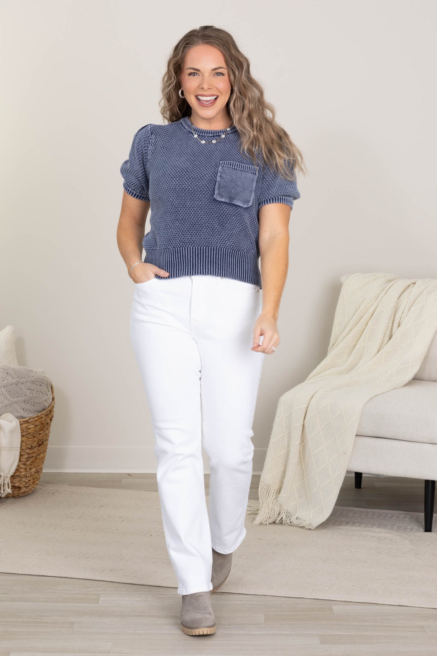 Denim Mineral Washed Short Sleeve Knit Sweater