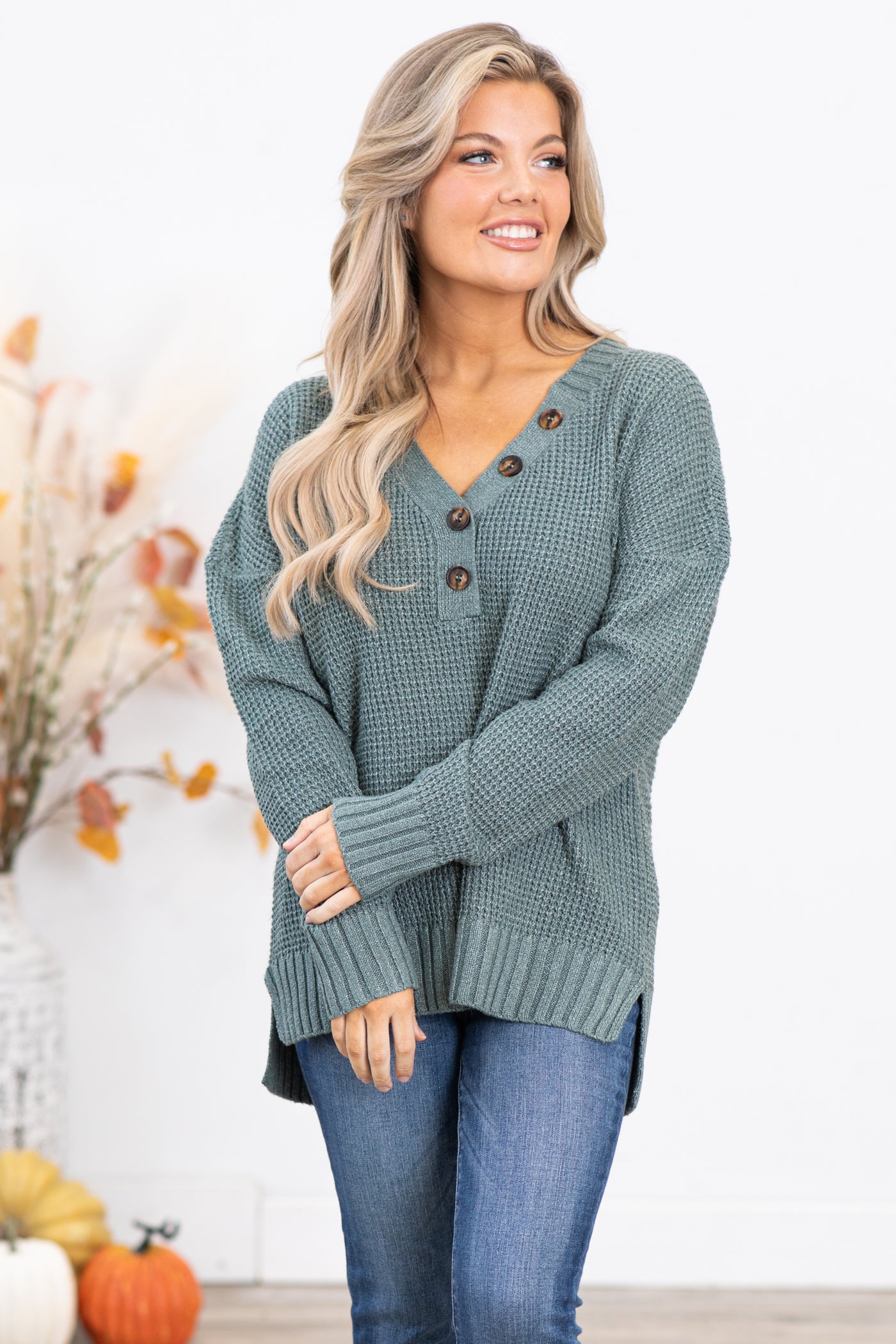 Dark Sage Waffle Knit Sweater With Buttons