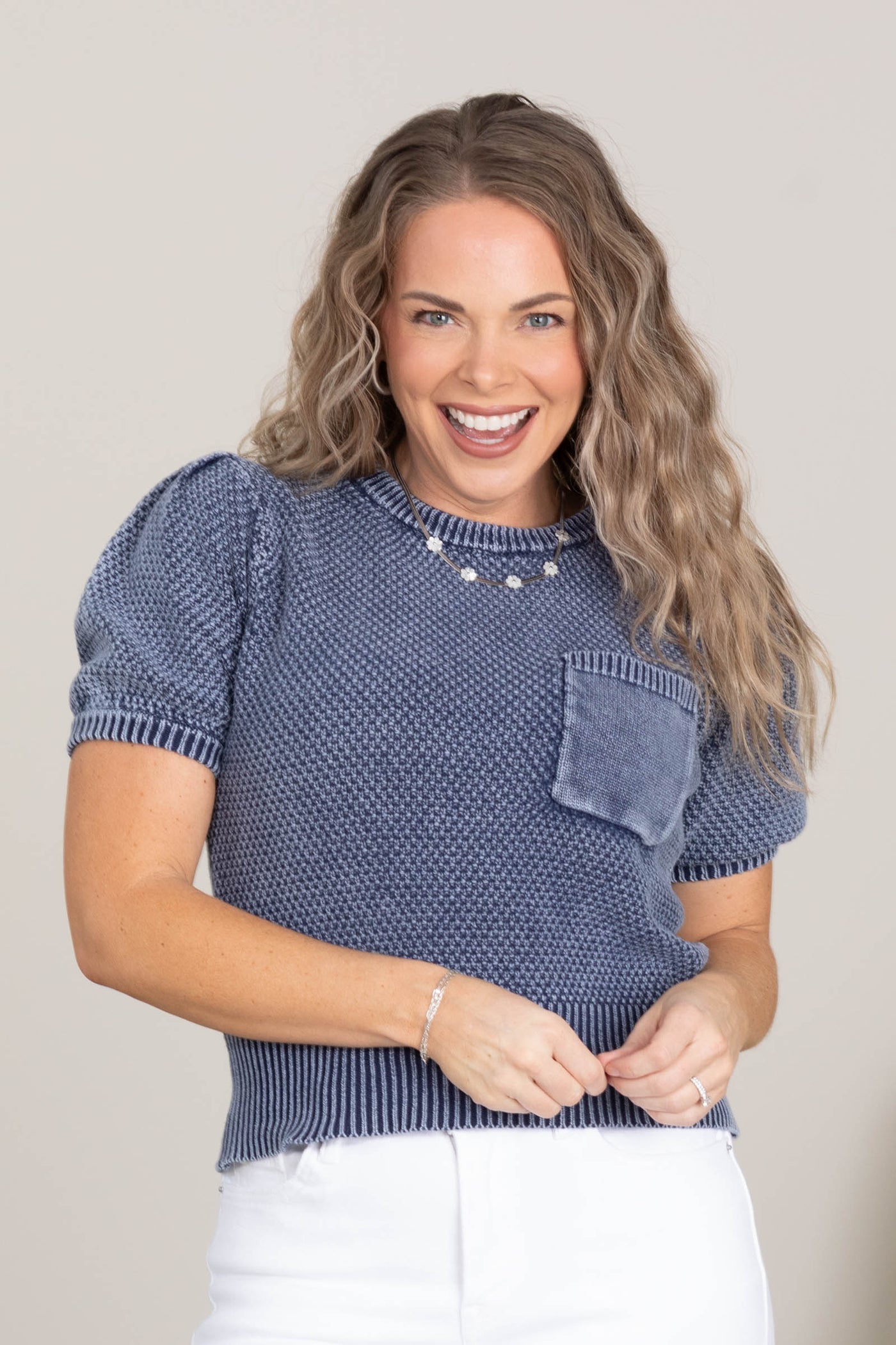 Denim Mineral Washed Short Sleeve Knit Sweater