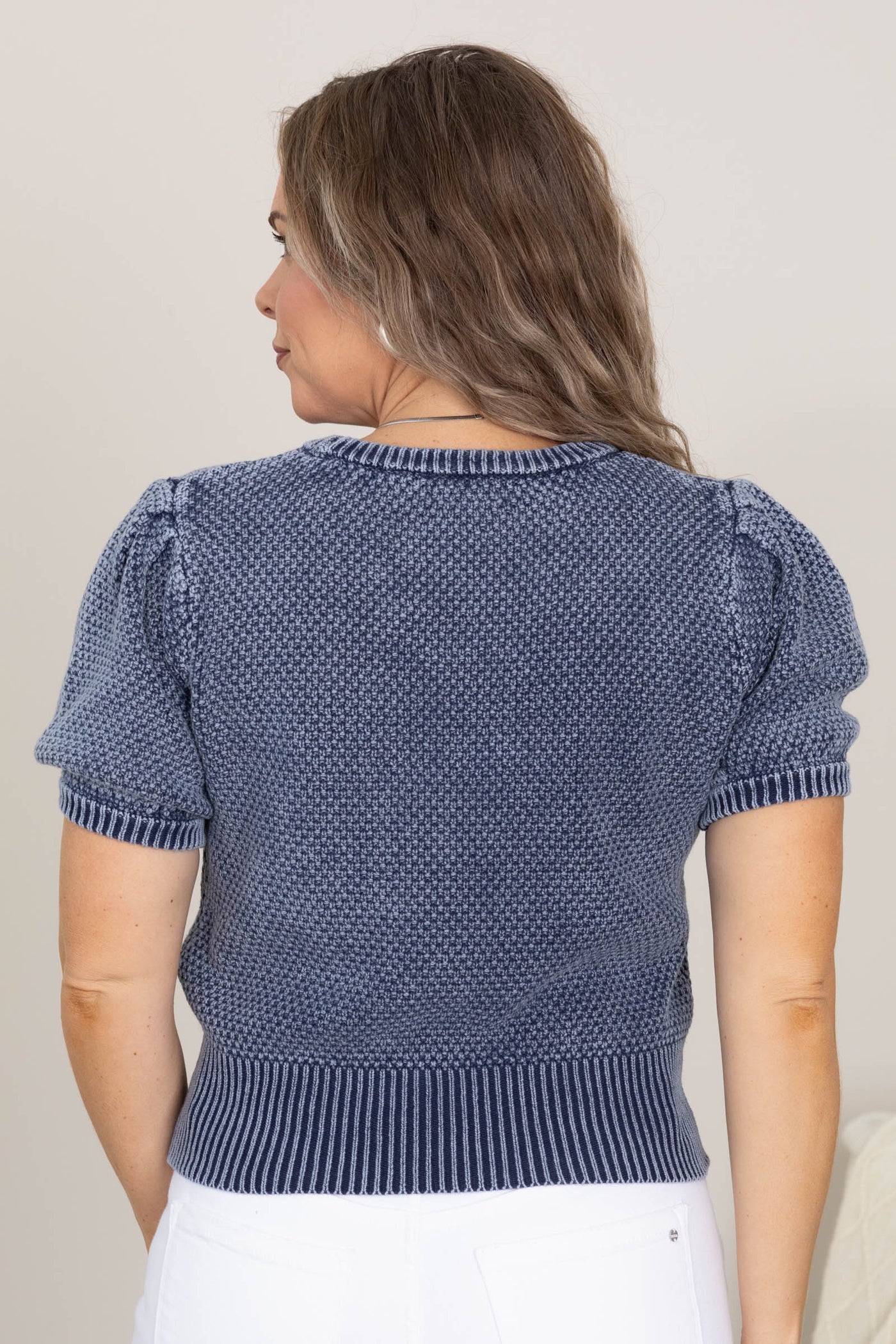 Denim Mineral Washed Short Sleeve Knit Sweater