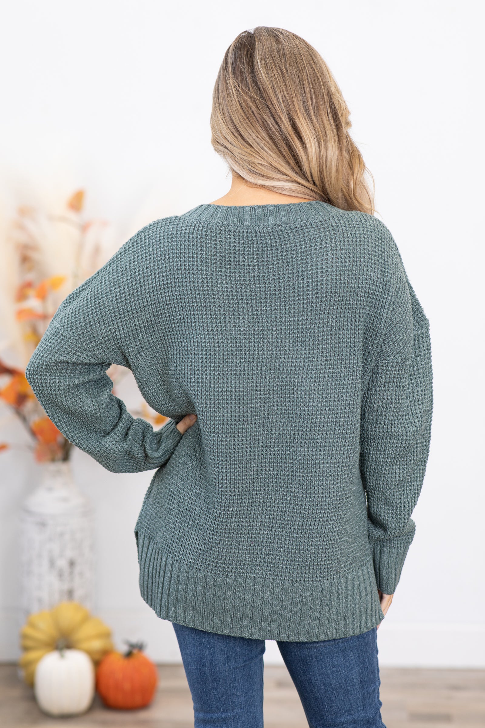 Dark Sage Waffle Knit Sweater With Buttons