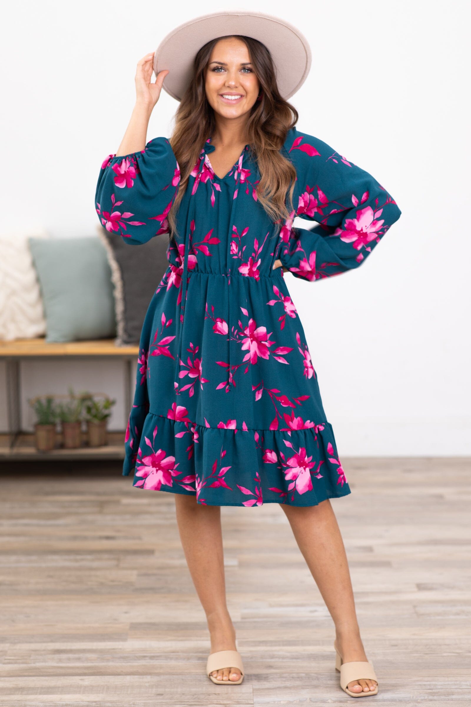 Teal and Fuchsia Floral Long Sleeve Dress - Filly Flair