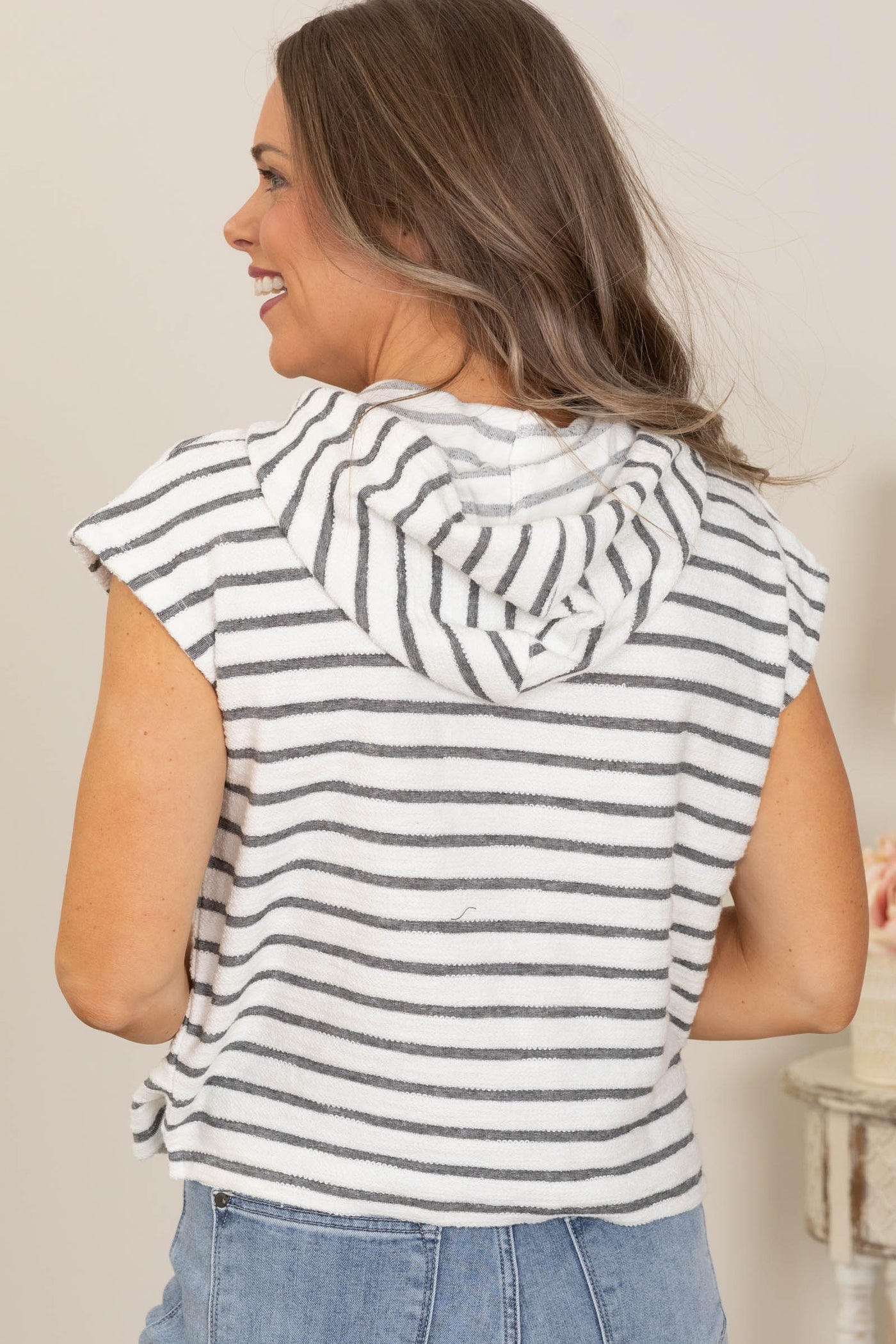 Black Stripe Hooded Kit Top With Pocket