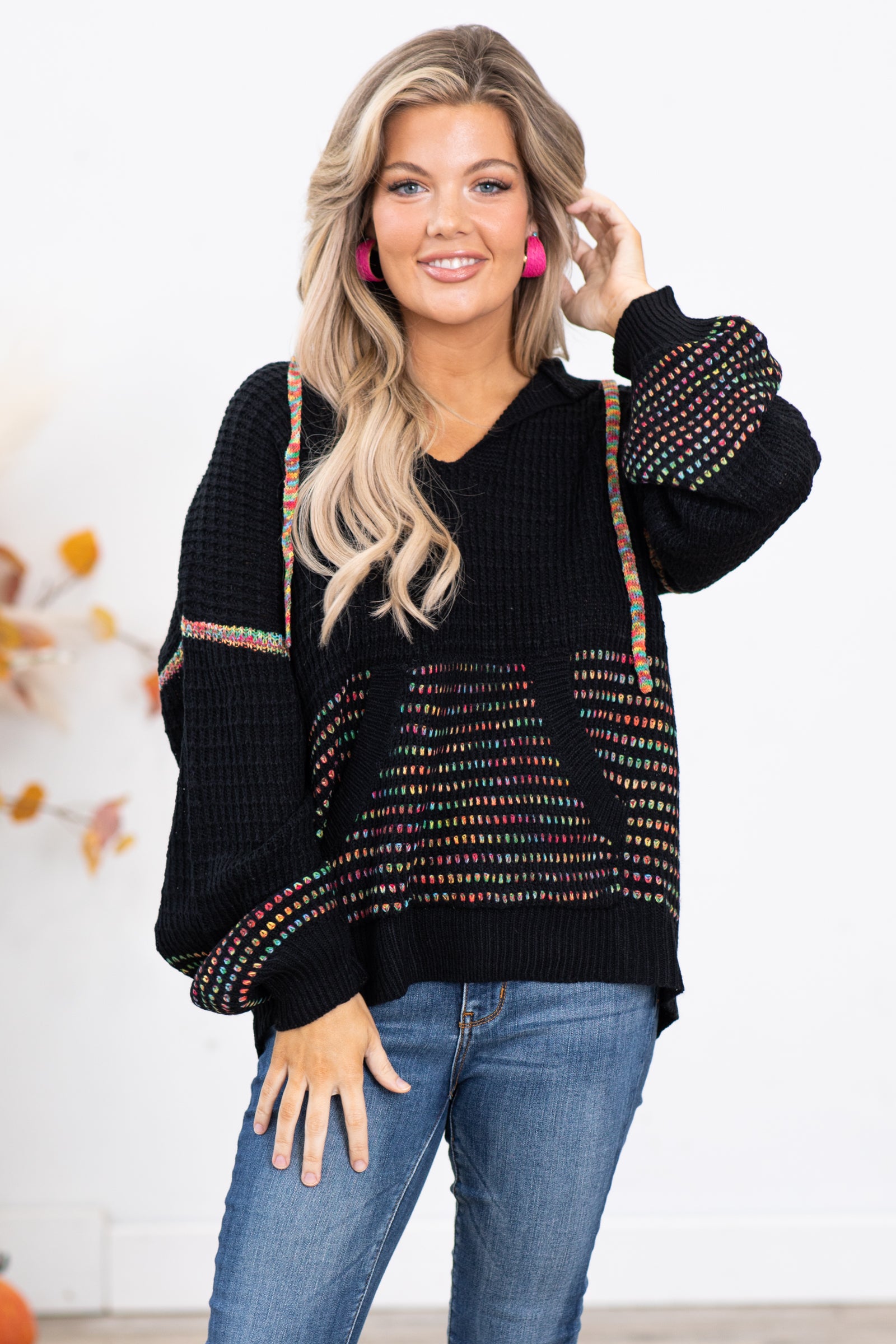 Black Multicolor Stitch Hooded Sweater