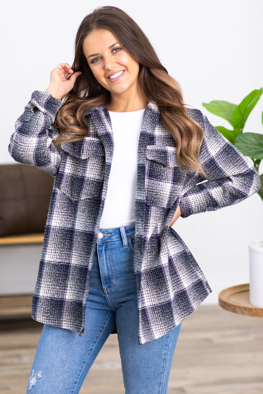 Navy and Off White Plaid Shacket - Filly Flair