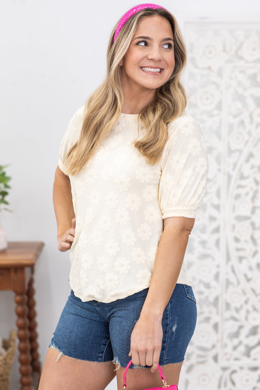 Cream Textured Floral Pattern Knit Top