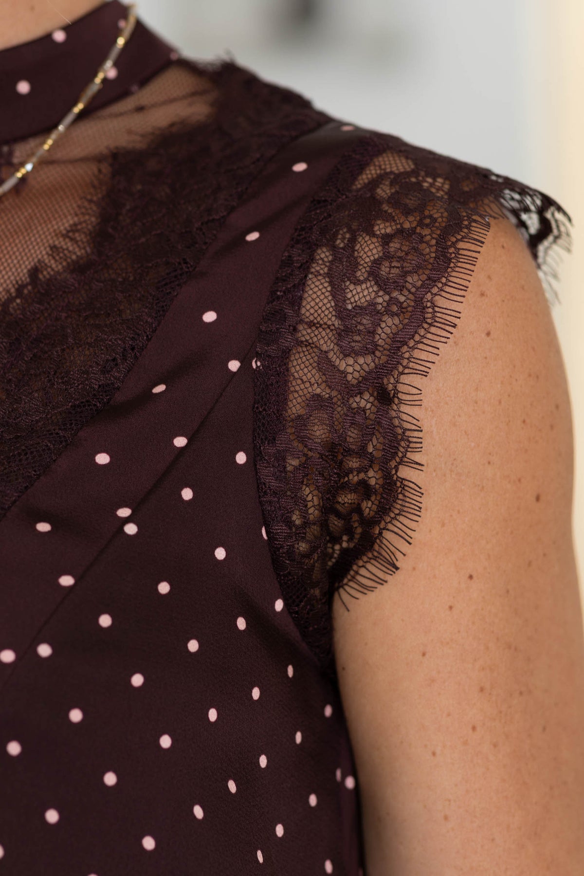 Wine Polka Dot Satin Lace Trim Woven Top