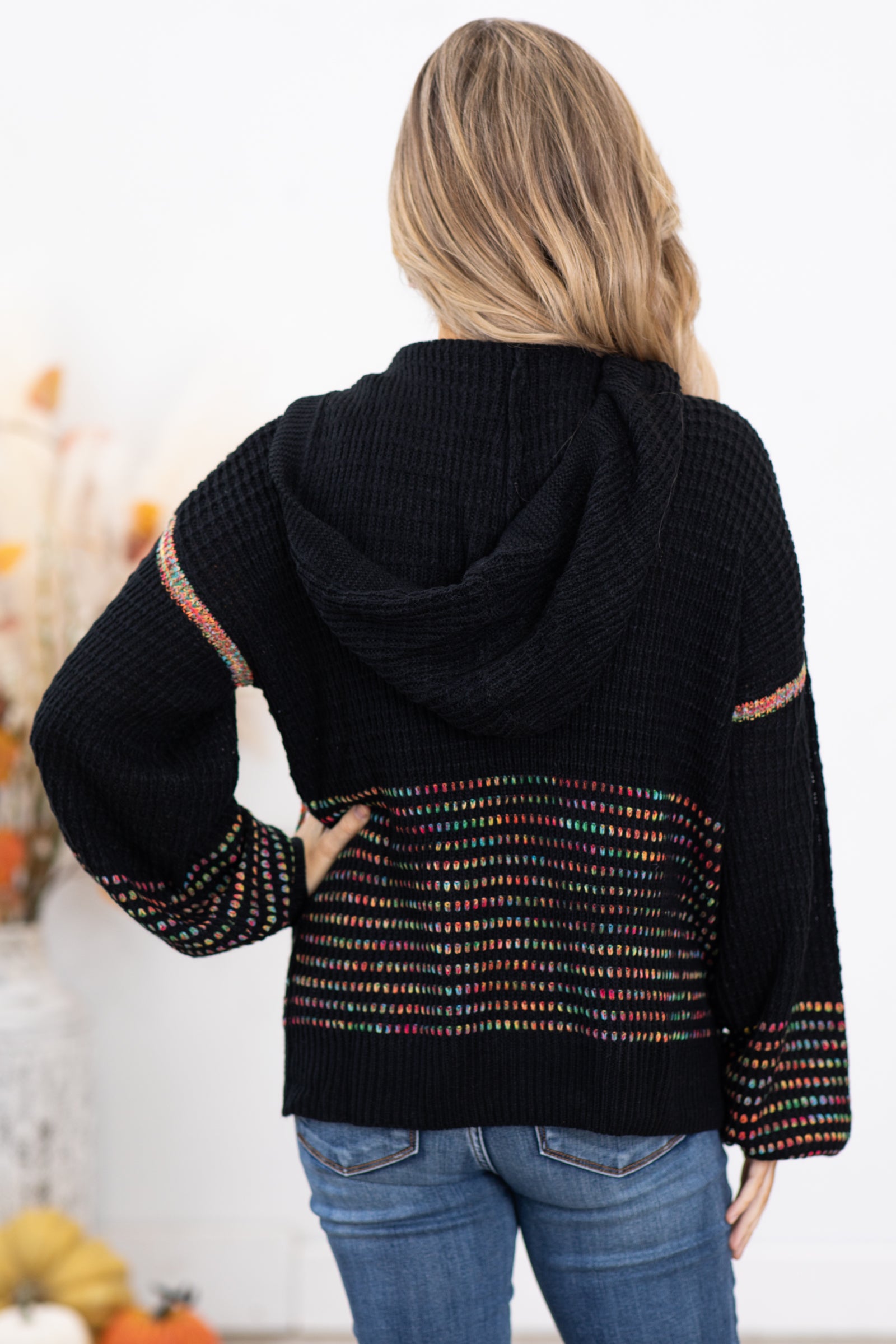 Black Multicolor Stitch Hooded Sweater