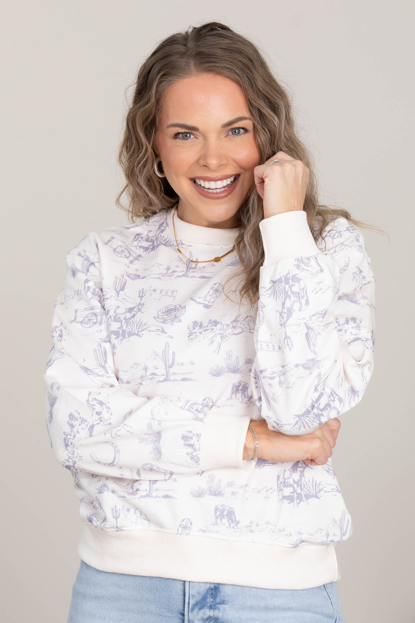 Ivory And Lilac Western Printed Crewneck