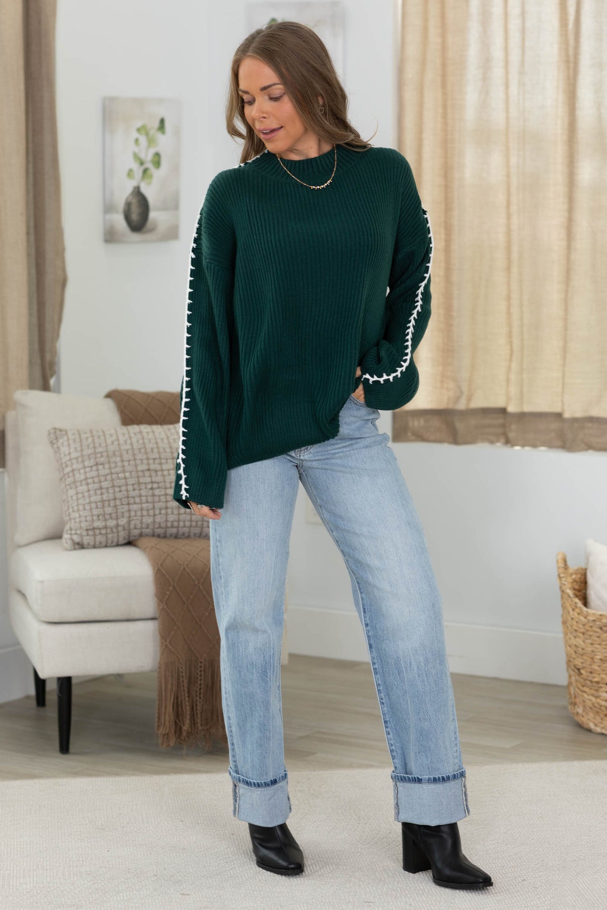 Round Neck Long Sleeve Sweater Knit Top With Stitch Detail