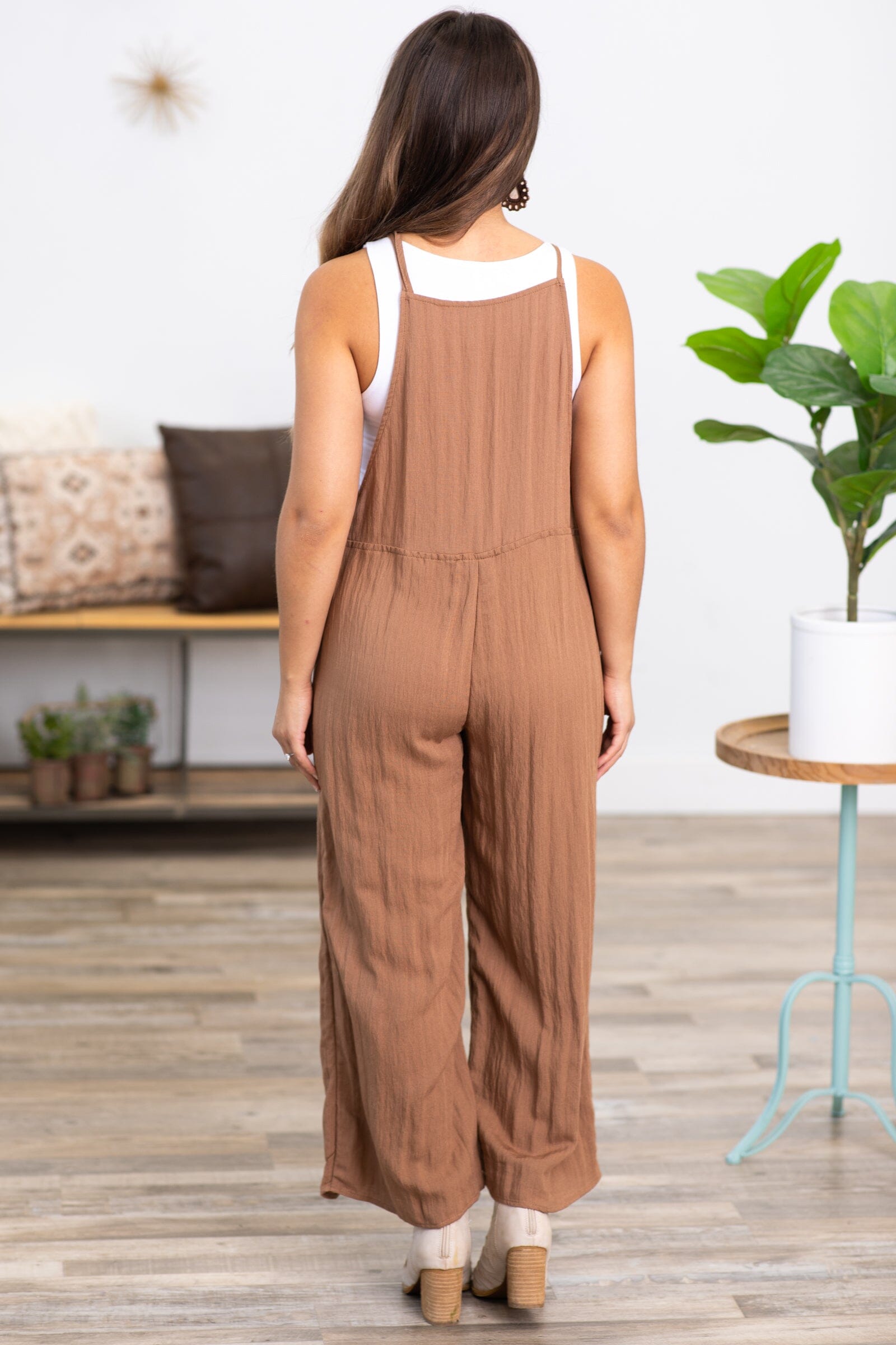 Taupe Wide Leg Tie Strap Overalls - Filly Flair