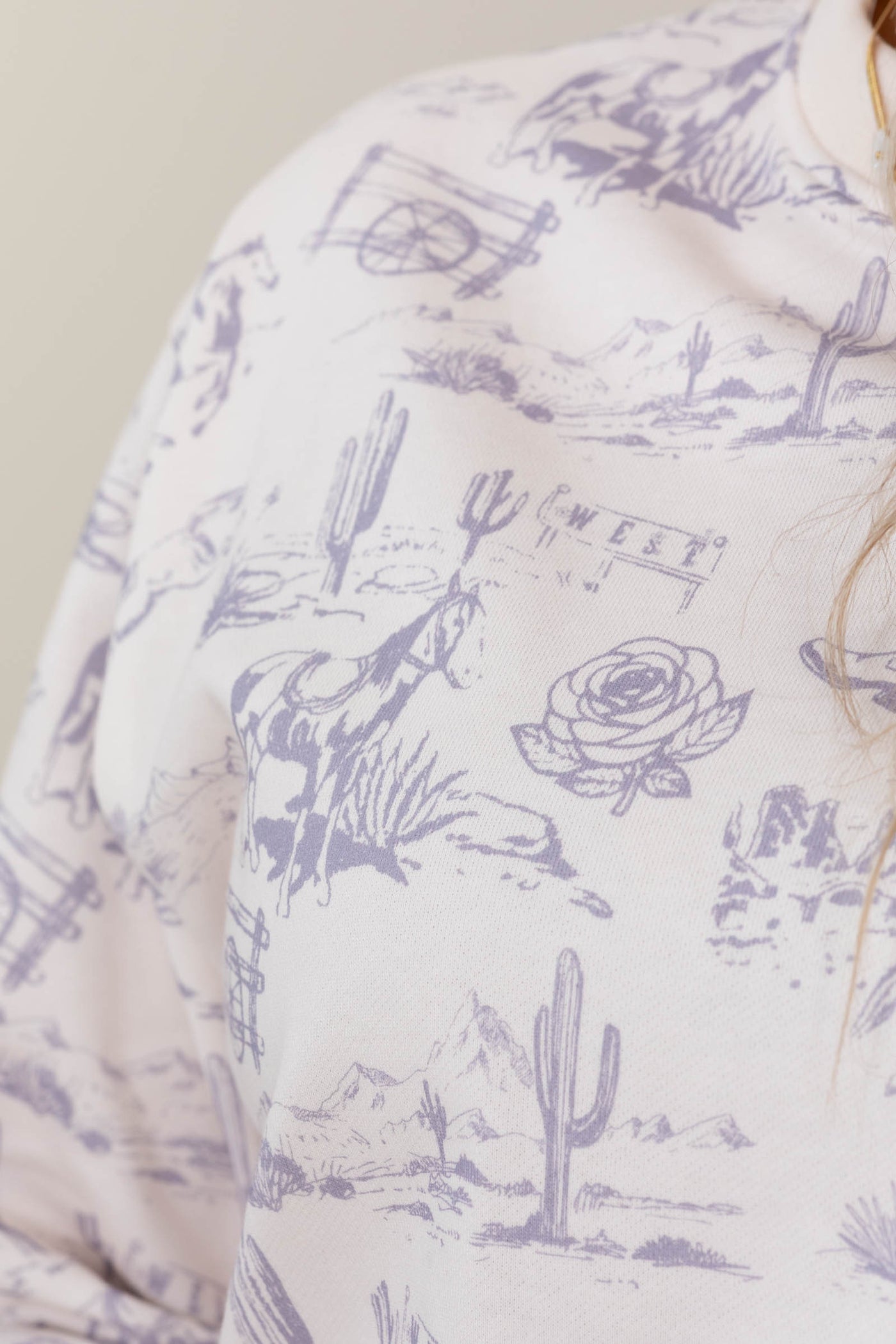 Ivory And Lilac Western Printed Crewneck