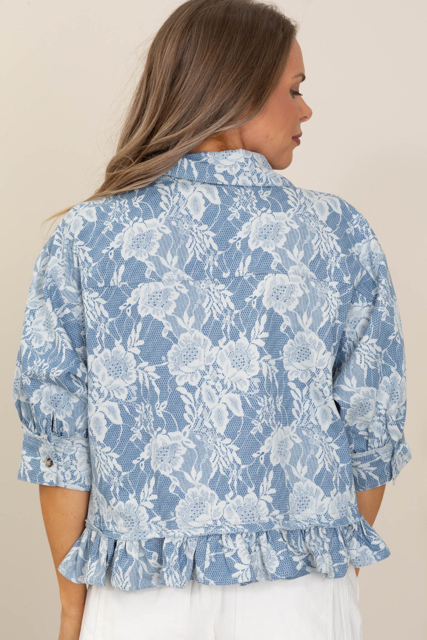 Denim Flower Printed Ruffled Hem Buttoned Top