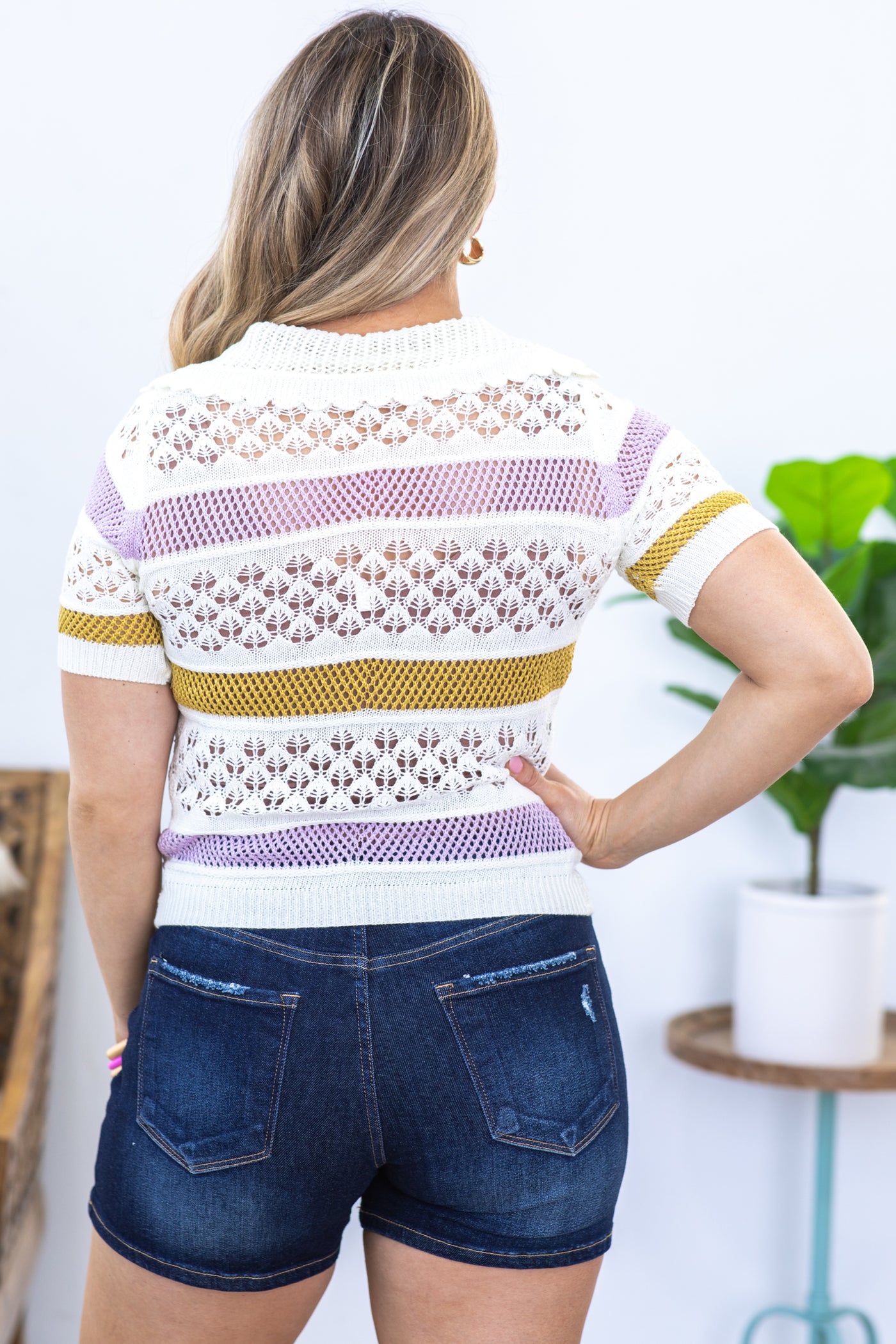 Ivory Colorblock Open Crochet Sweater Top