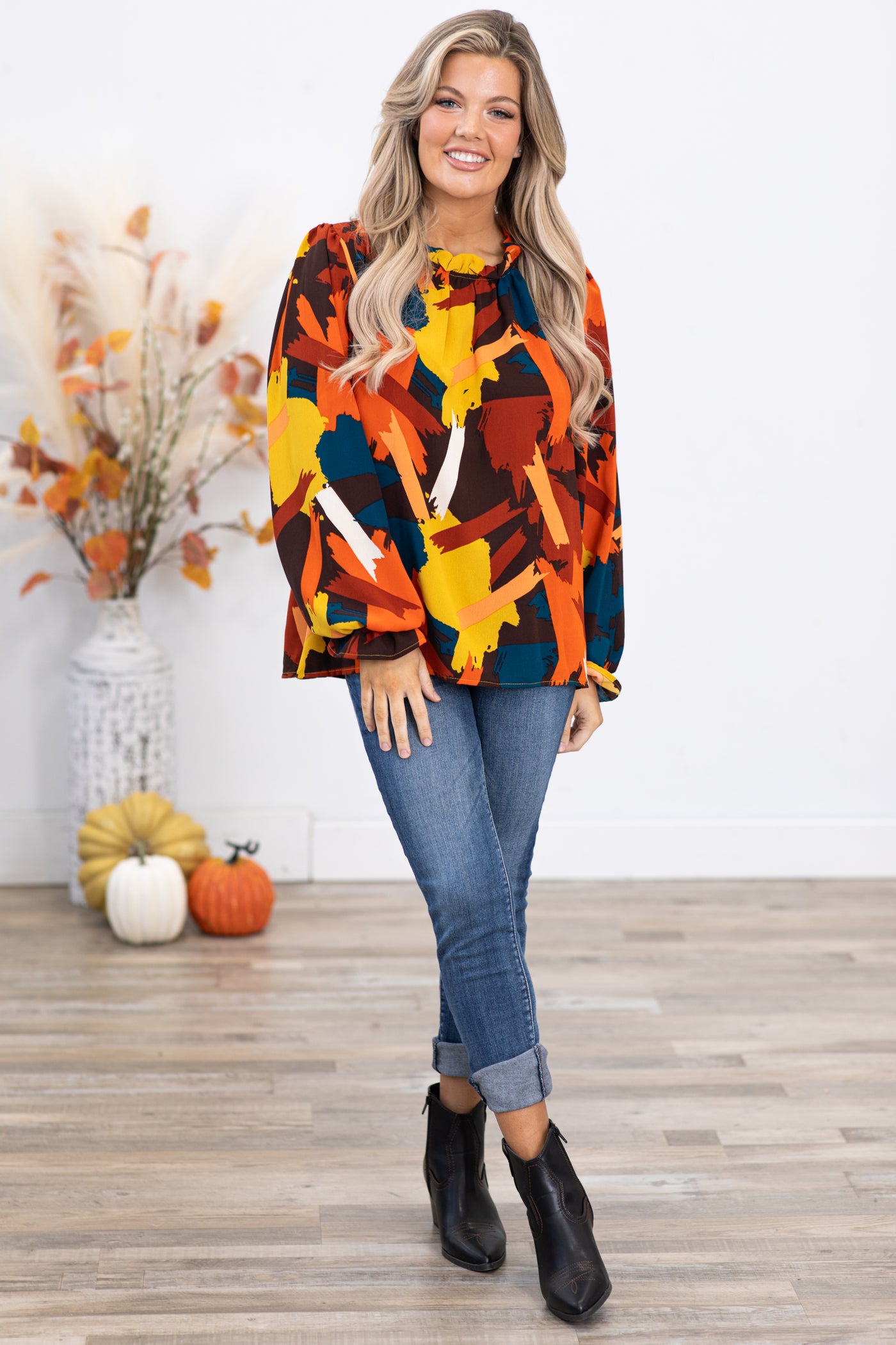 Rust and Mustard Abstract Print Bell Cuff Top