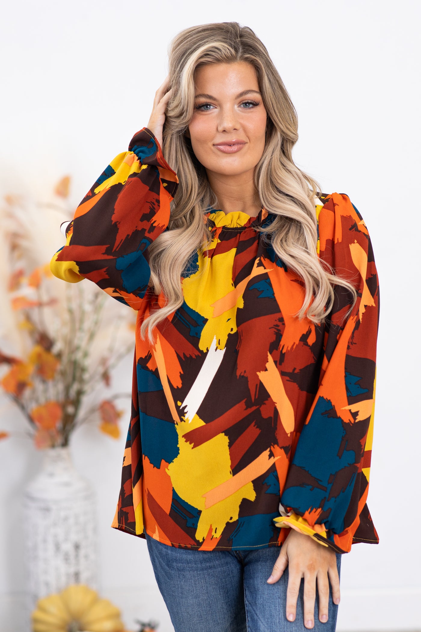 Rust and Mustard Abstract Print Bell Cuff Top