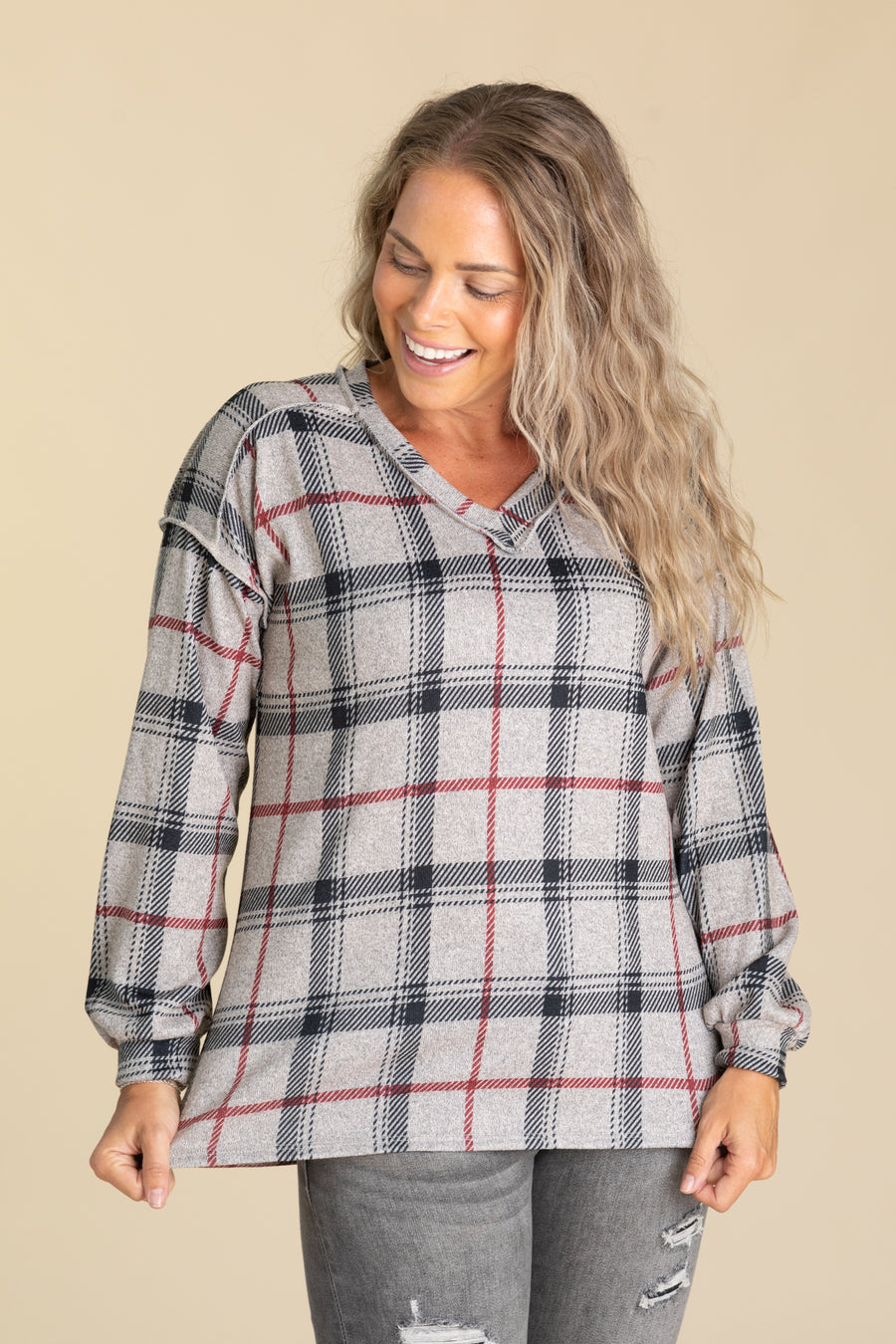 Oatmeal And Red Plaid Long Sleeve Knit Top