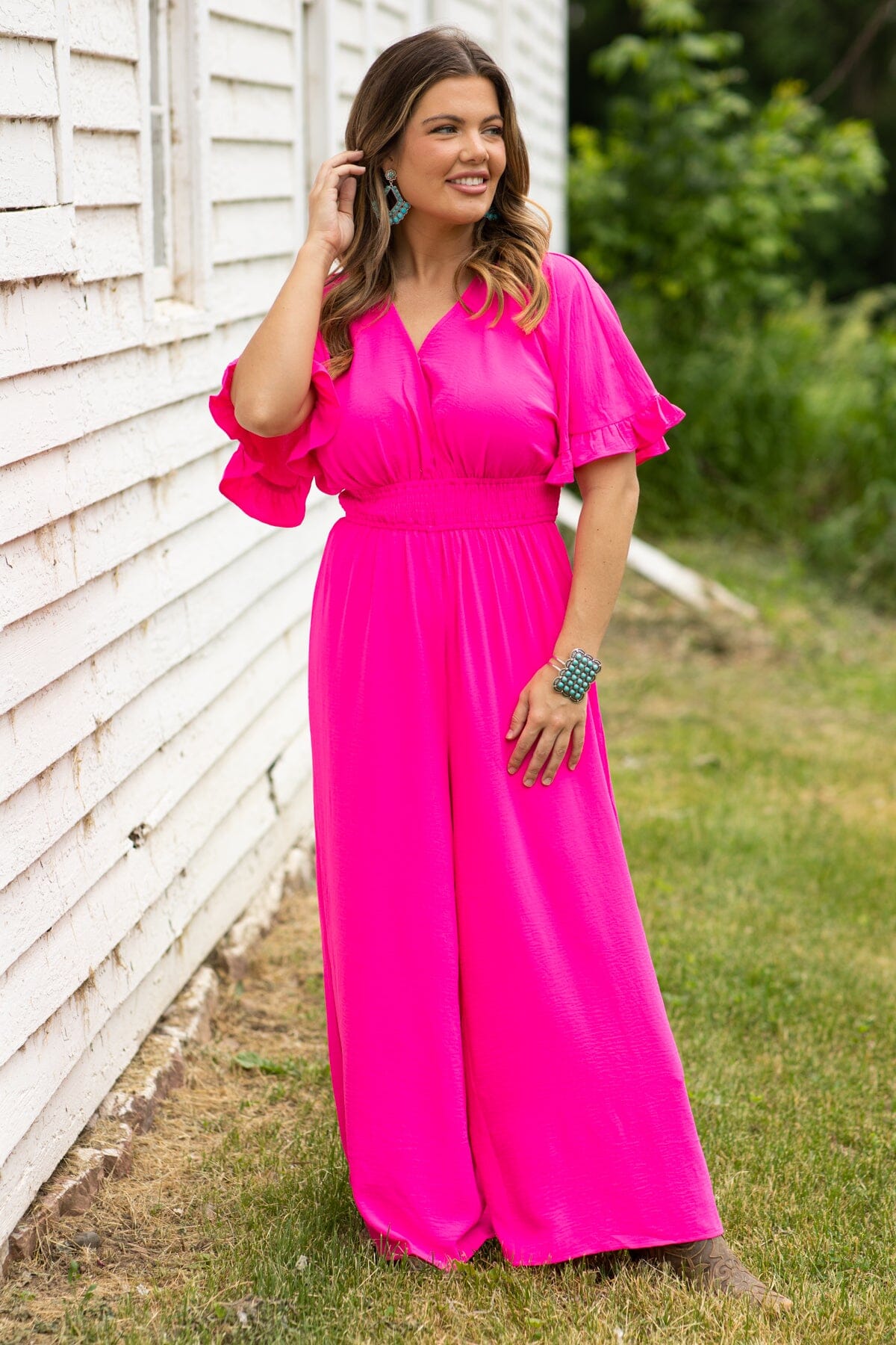 Hot Pink Surplice Front Bell Sleeve Jumpsuit - Filly Flair