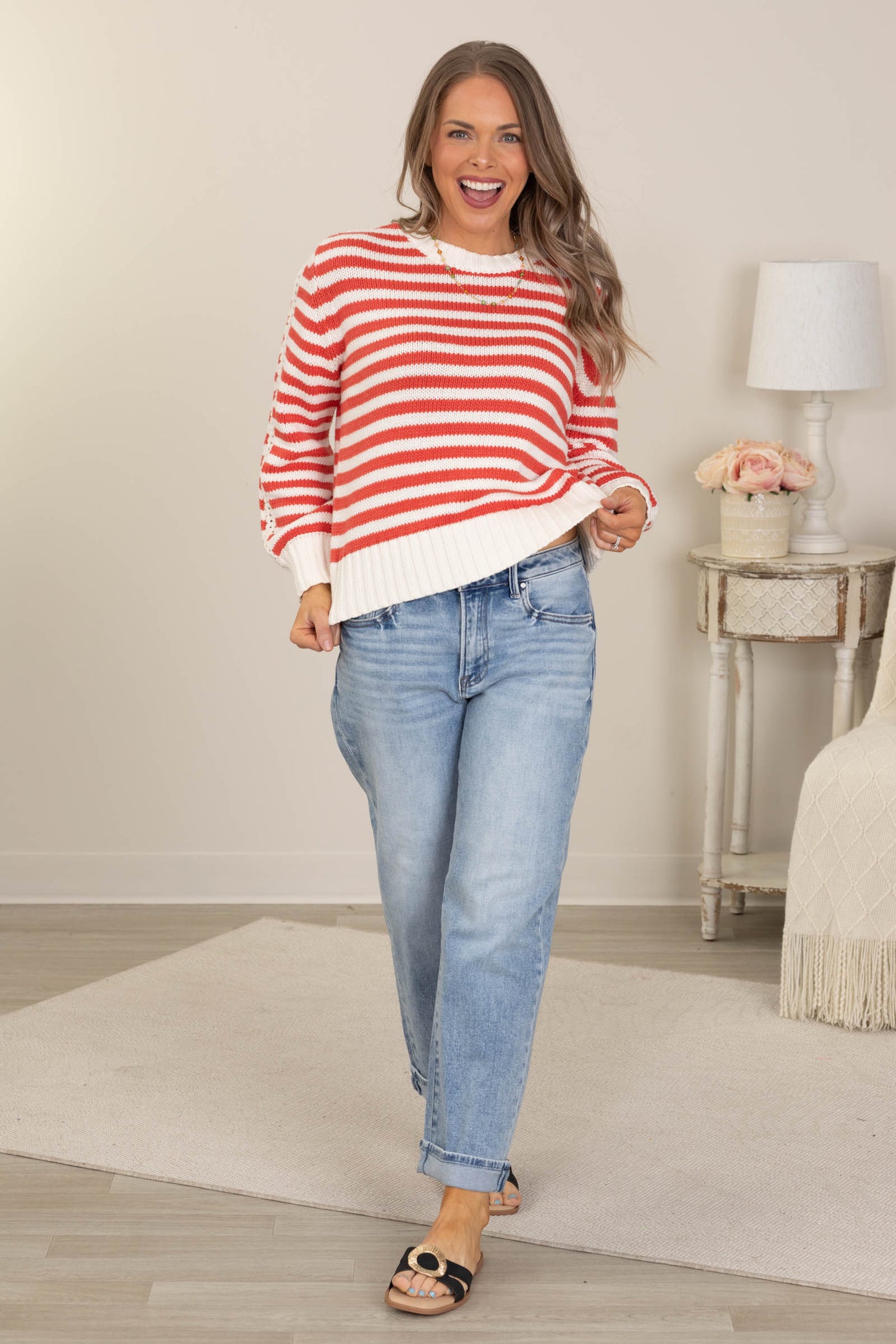 Cotierra Striped Crewneck Crochet Detail Sweaters