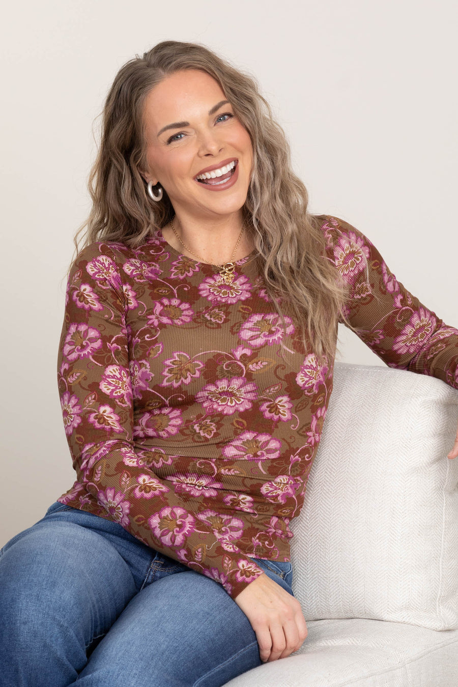 Mocha With Pink Printed Florals Knit Top