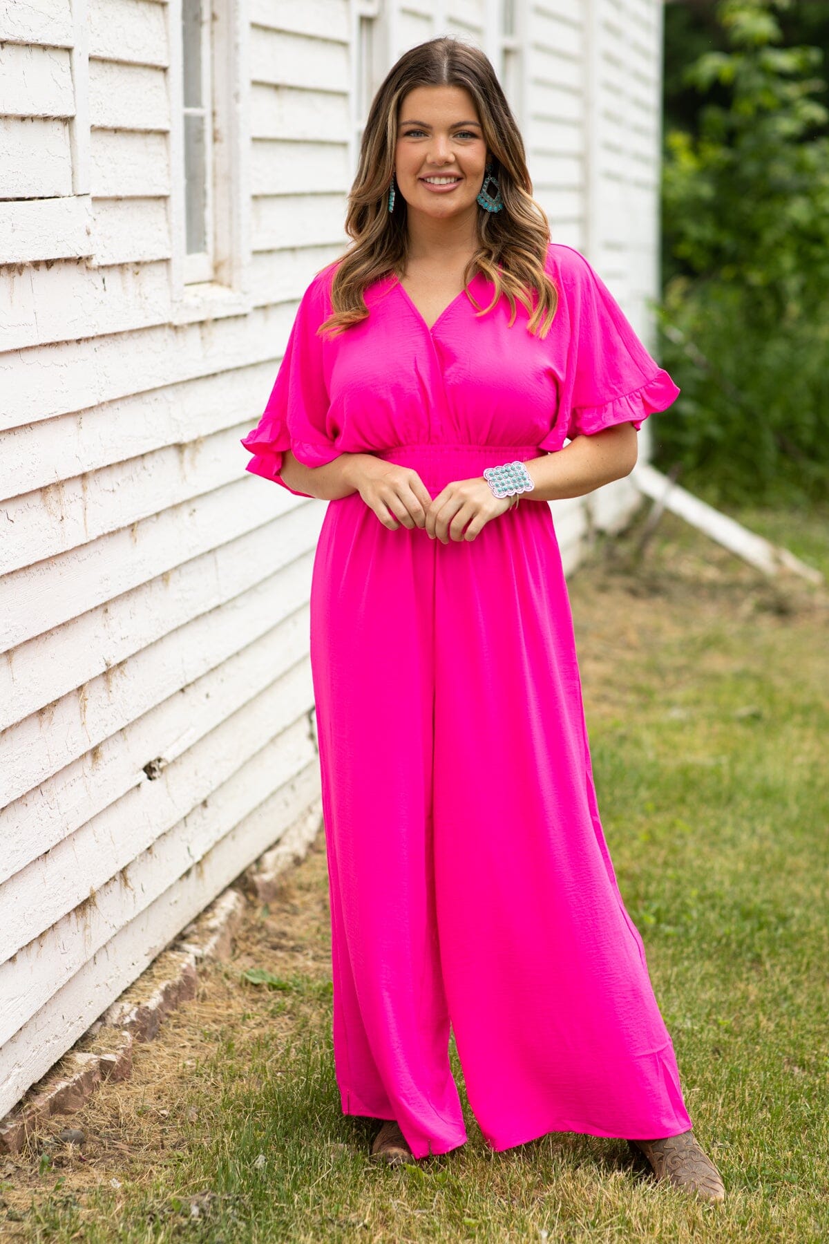 Hot Pink Surplice Front Bell Sleeve Jumpsuit - Filly Flair