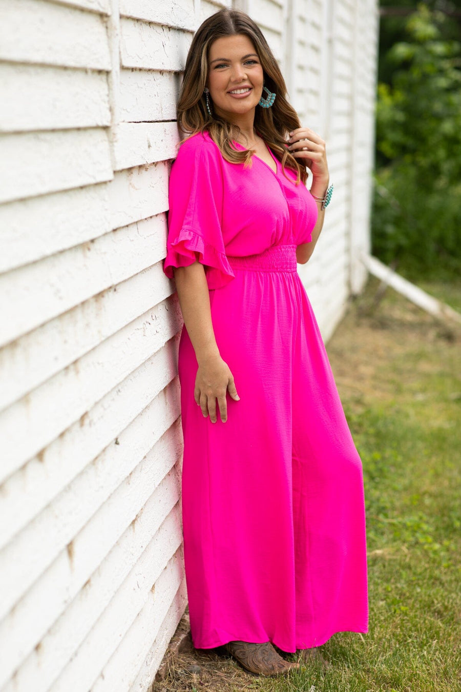 Hot Pink Surplice Front Bell Sleeve Jumpsuit - Filly Flair
