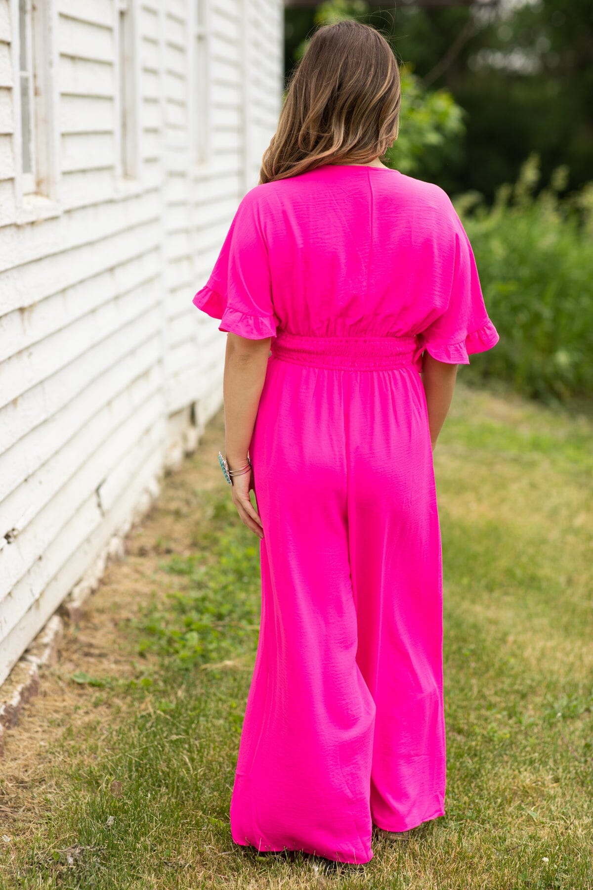 Hot Pink Surplice Front Bell Sleeve Jumpsuit - Filly Flair