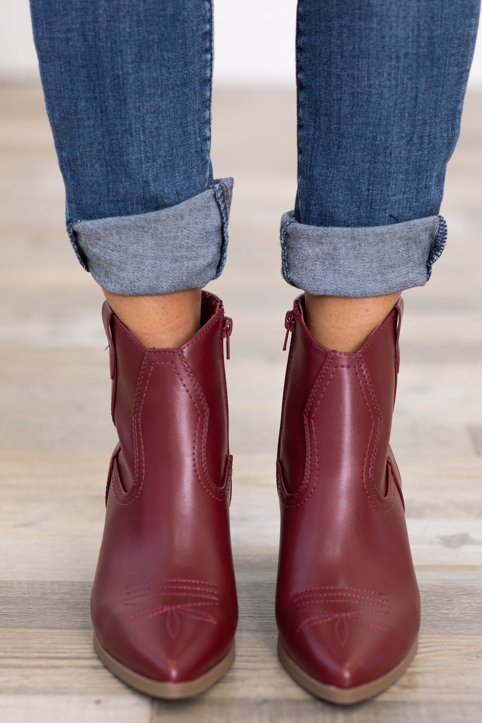 Burgundy Faux Leather Western Booties