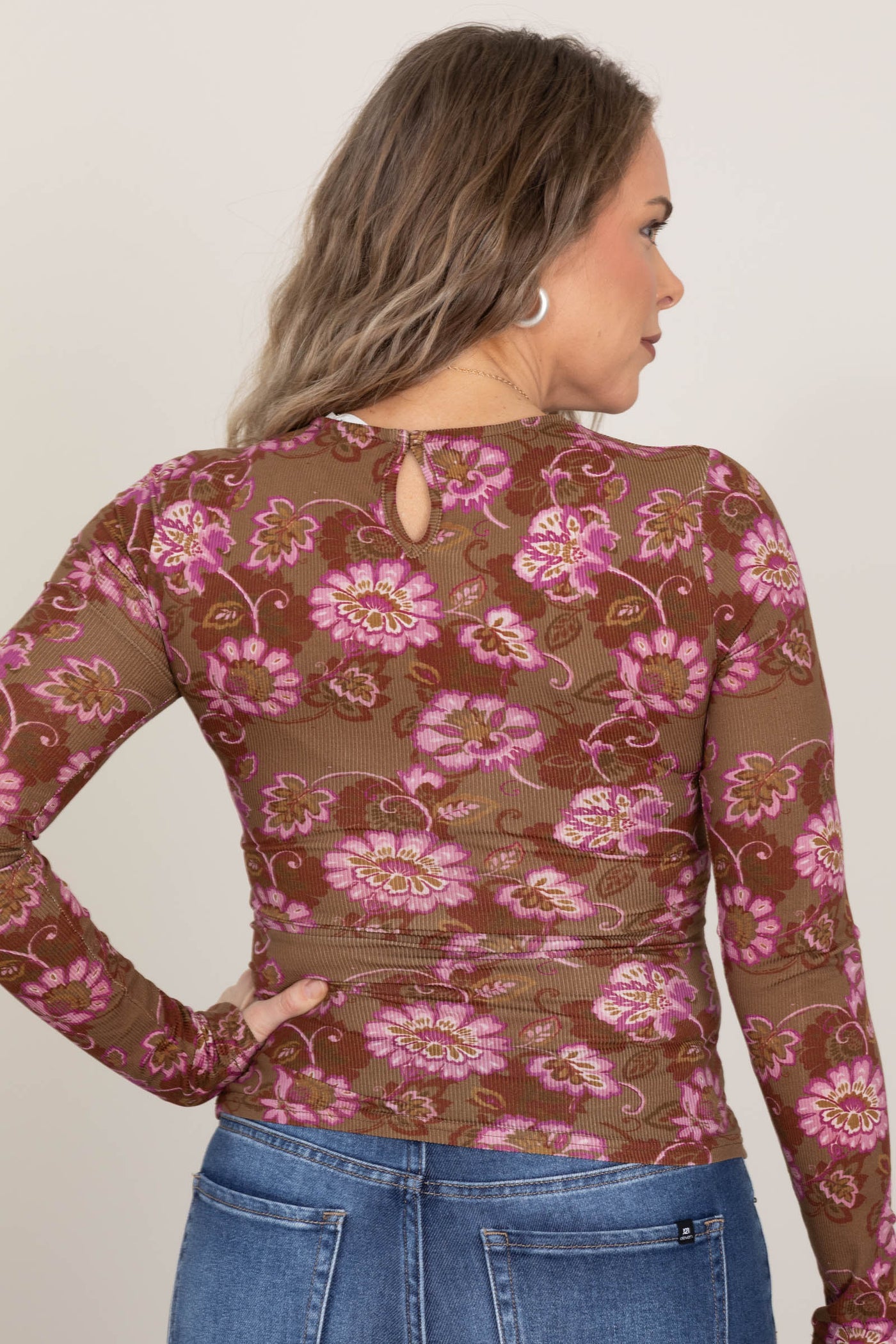 Mocha With Pink Printed Florals Knit Top