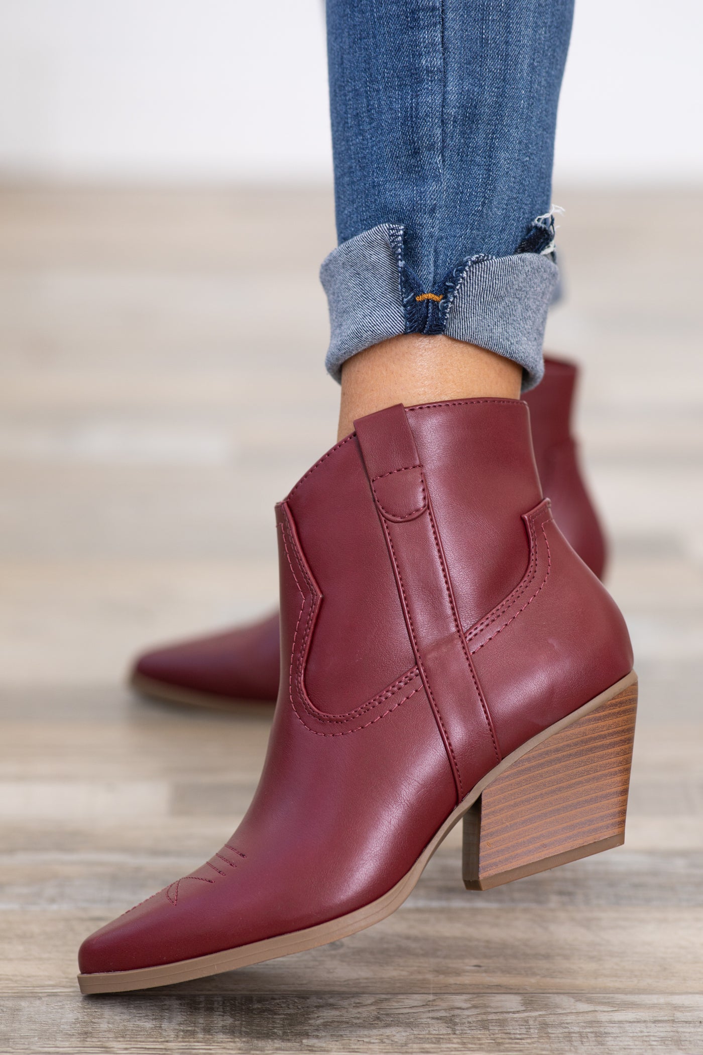 Burgundy Faux Leather Western Booties