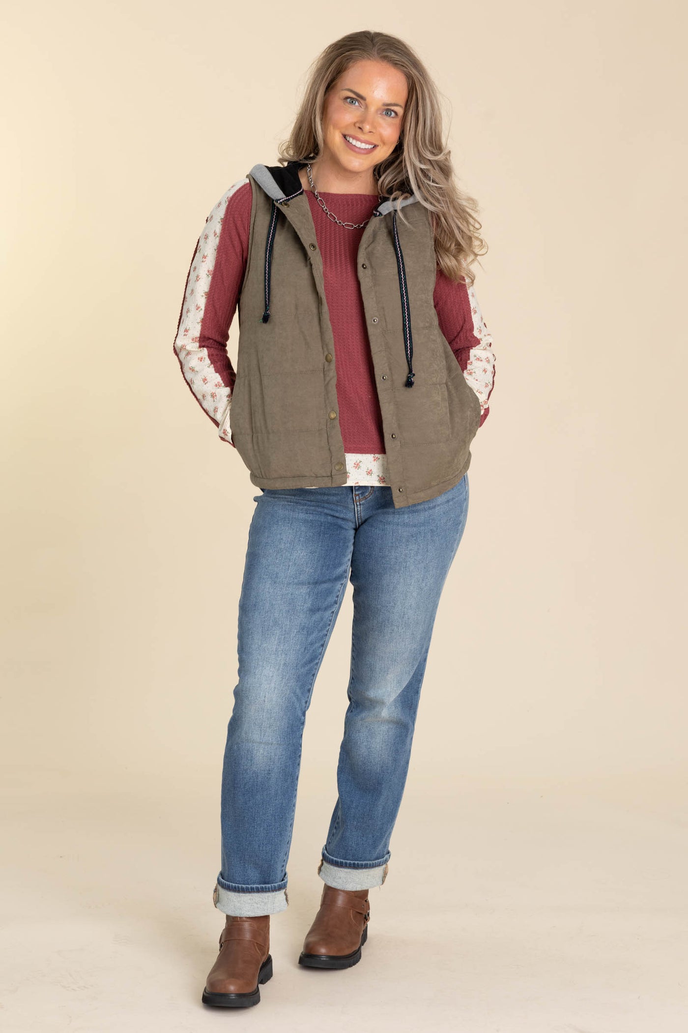 Dark Heathered Olive Vest With Knit Hood