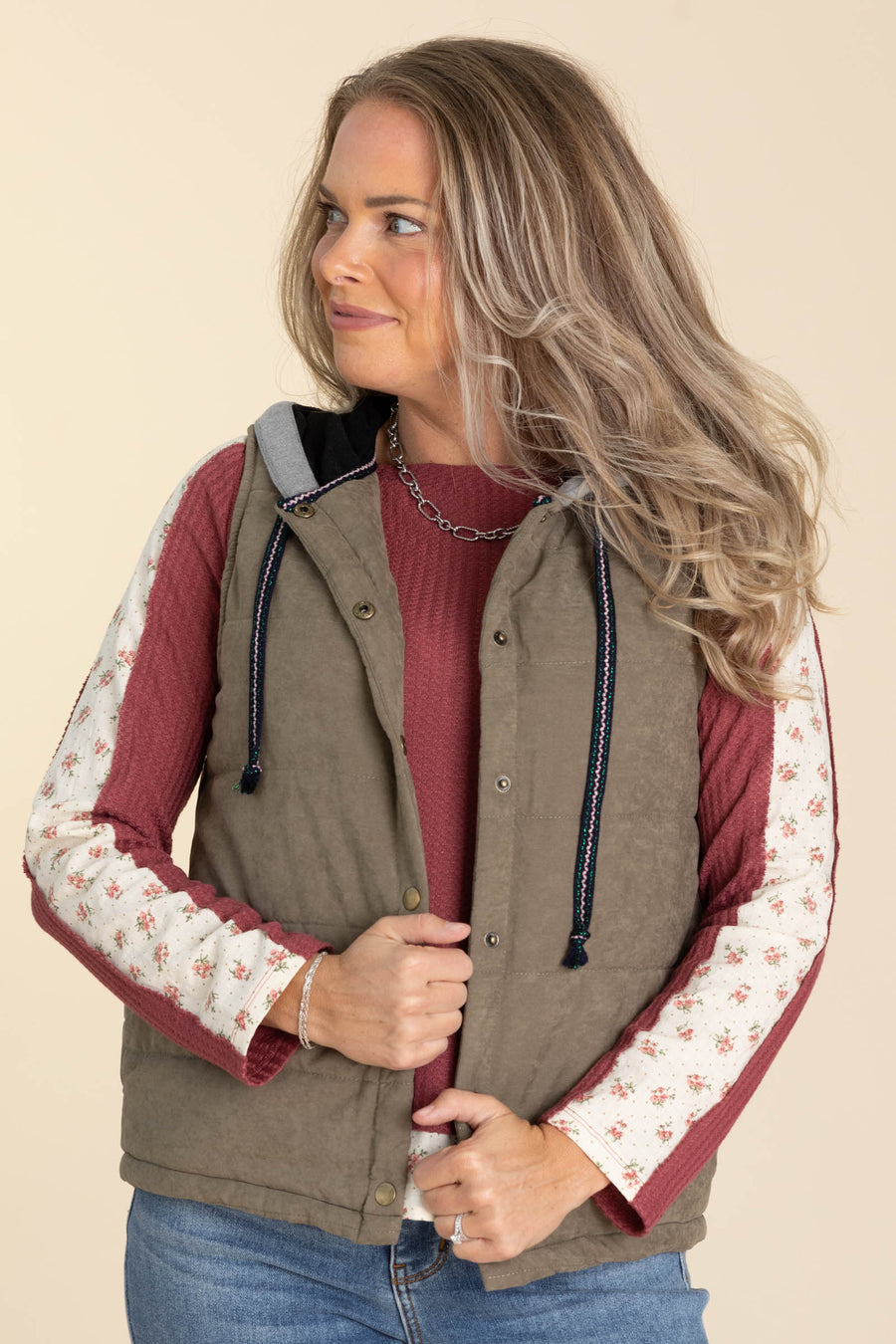 Dark Heathered Olive Vest With Knit Hood