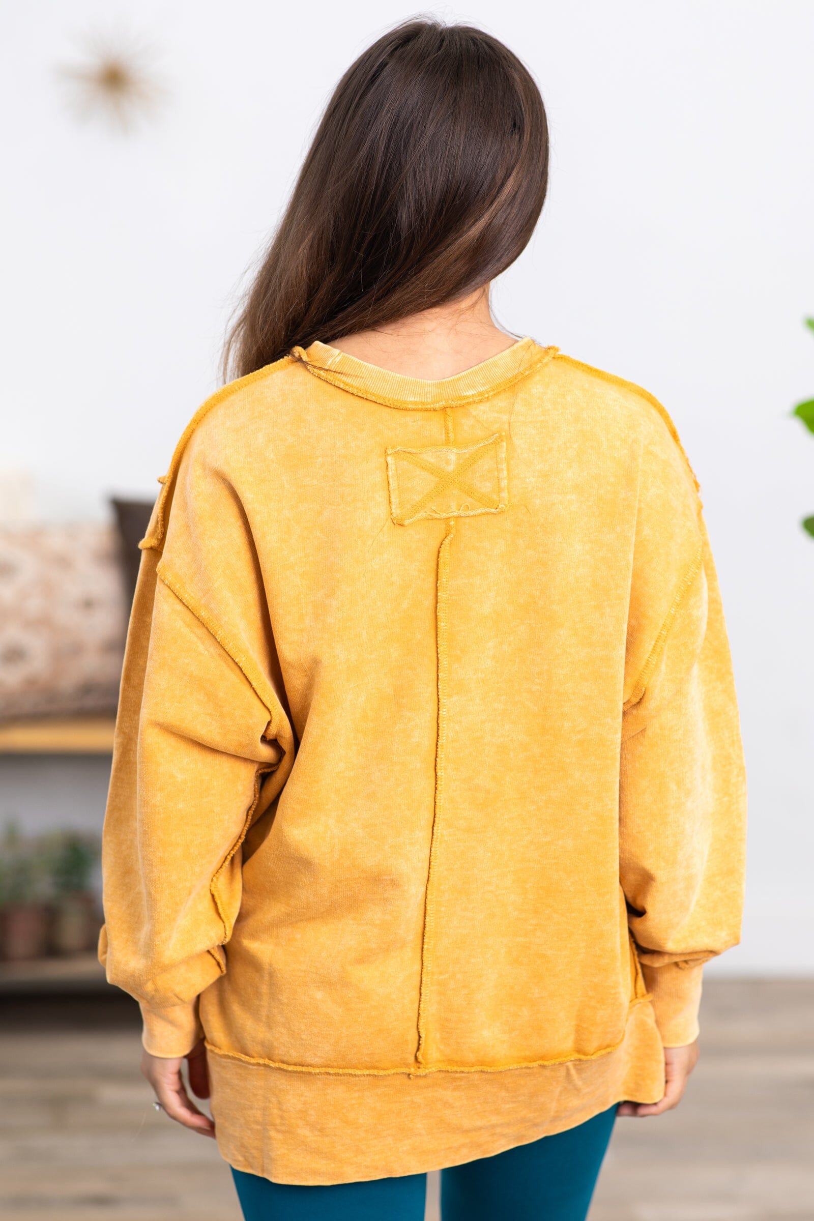 Gold Yellow Acid Wash Contrast Seam Sweatshirt - Filly Flair