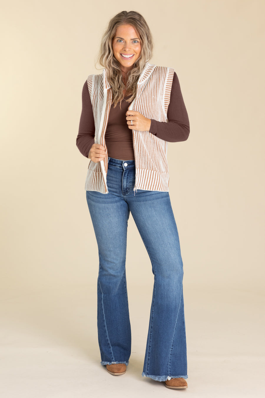 Ivory And Caramel Stripe Sweater Vest