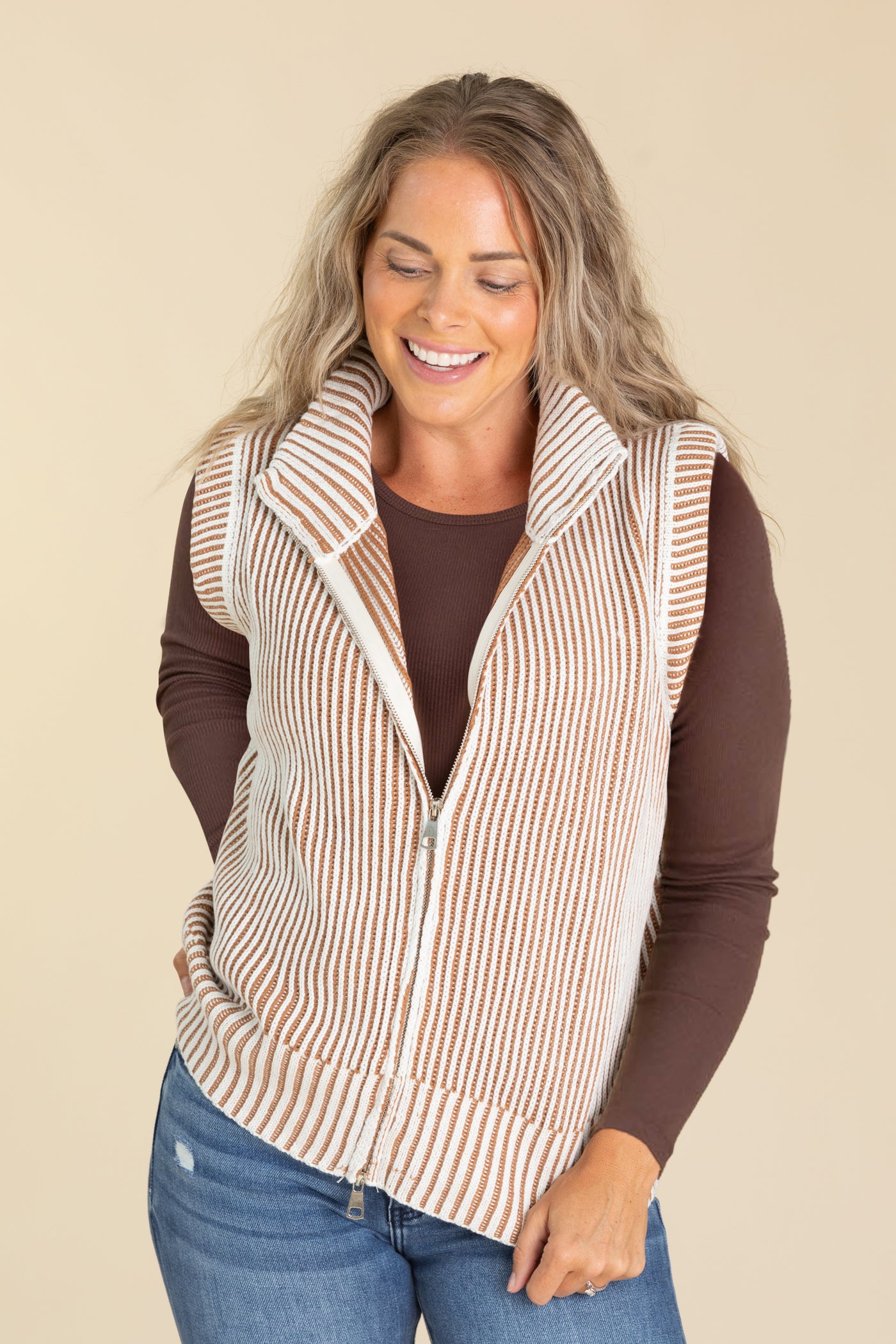 Ivory And Caramel Stripe Sweater Vest