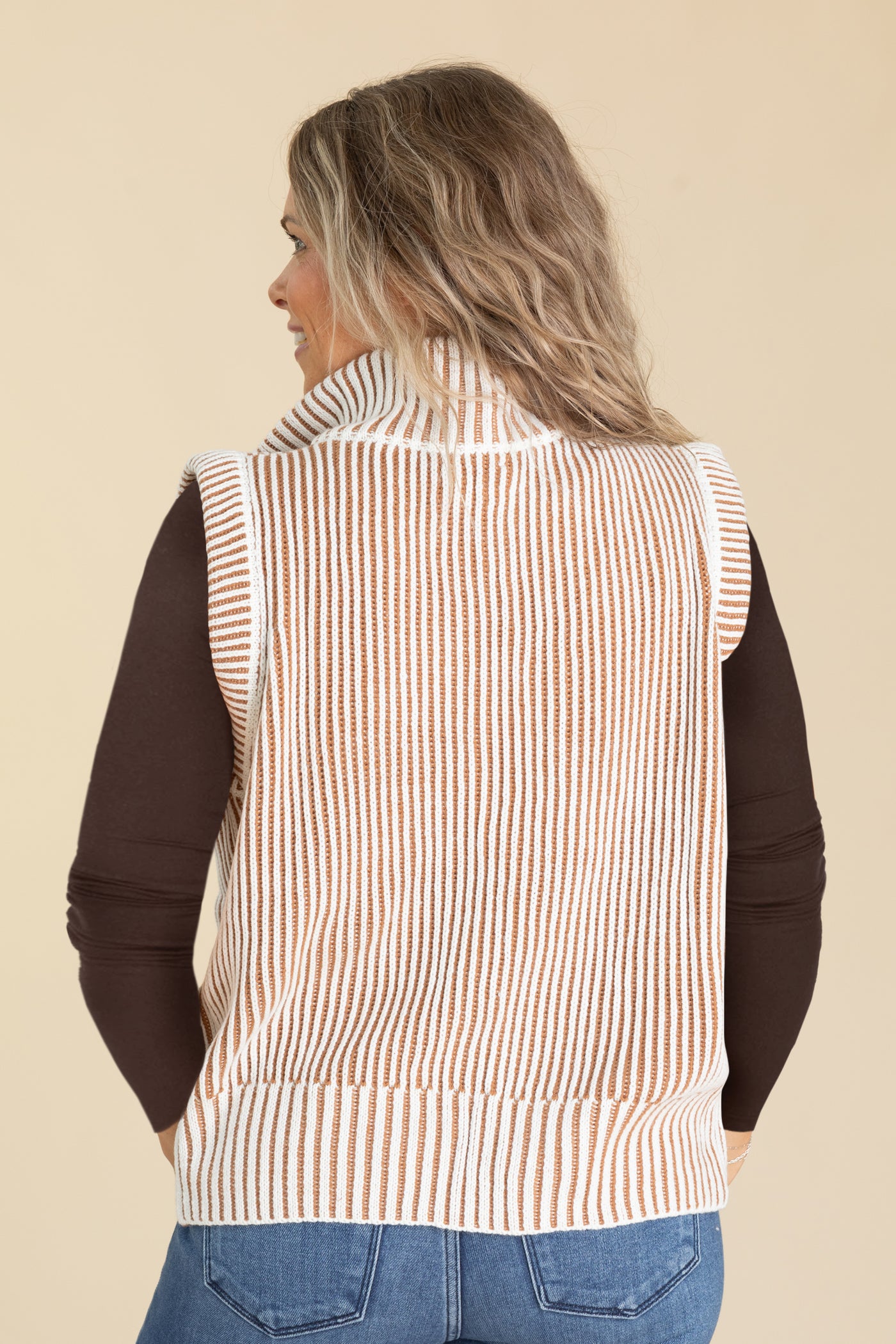 Ivory And Caramel Stripe Sweater Vest