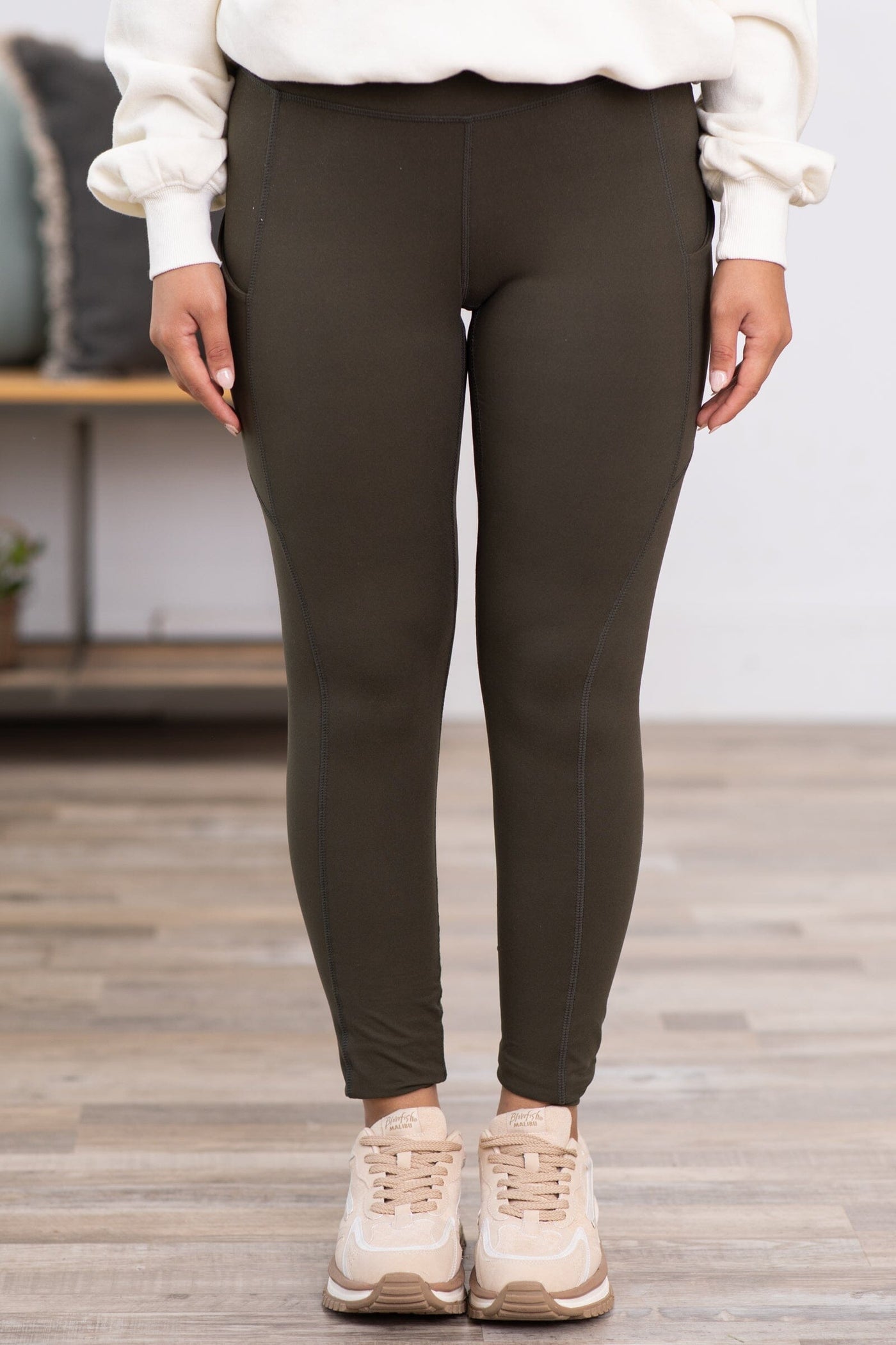 Olive Buttery Soft Leggings With Side Pocket - Filly Flair