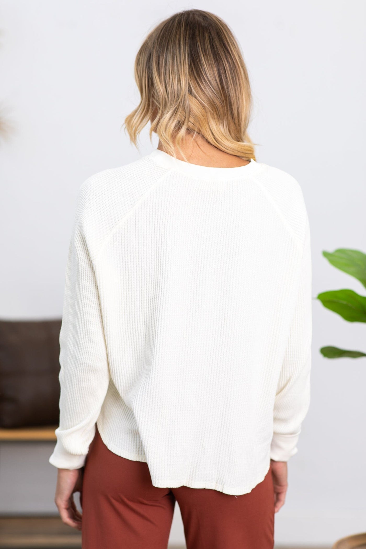 Cream Washed Waffle Knit Henley Top - Filly Flair