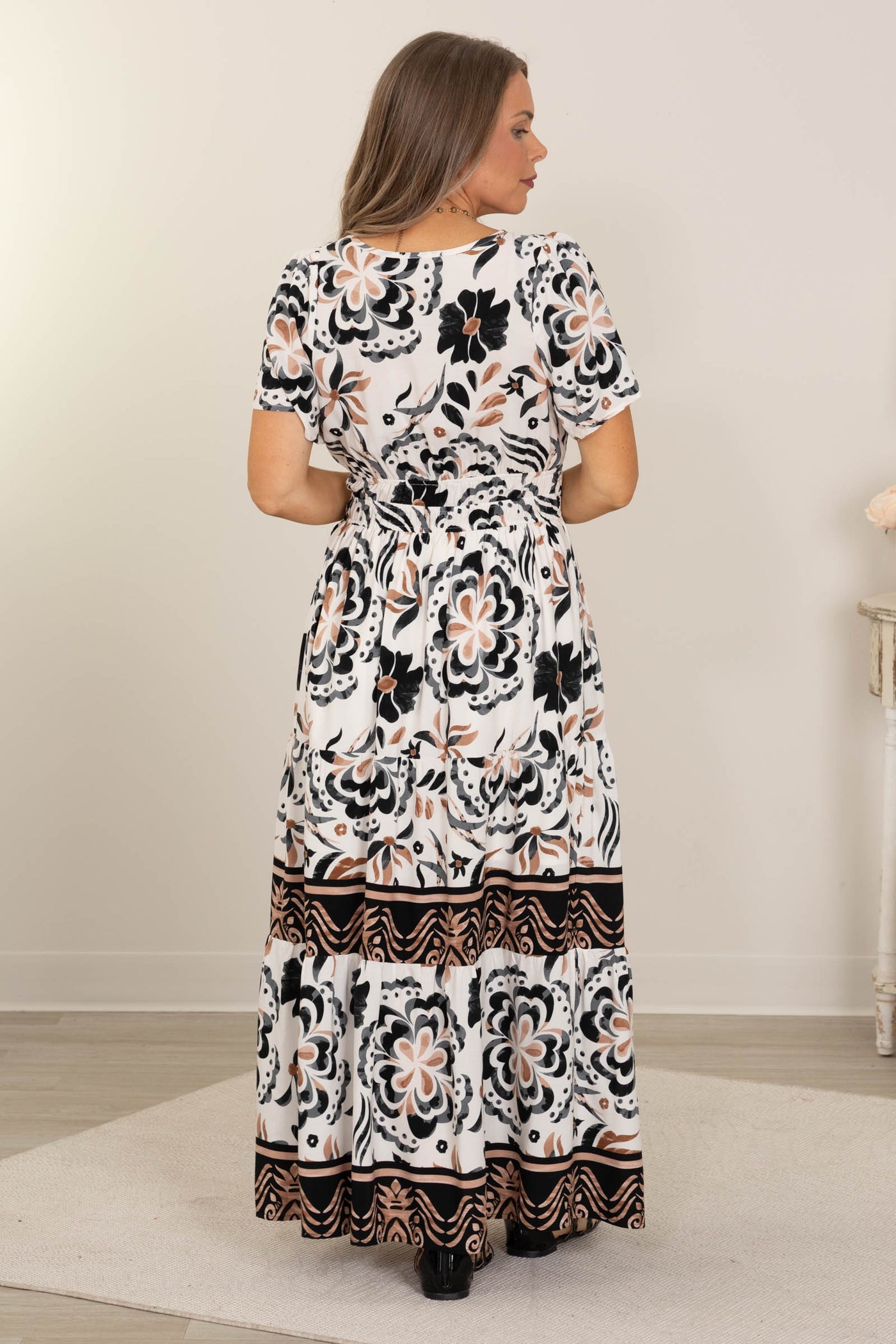 Ivory And Black Floral V-Neck Short Sleeve Maxi Dress