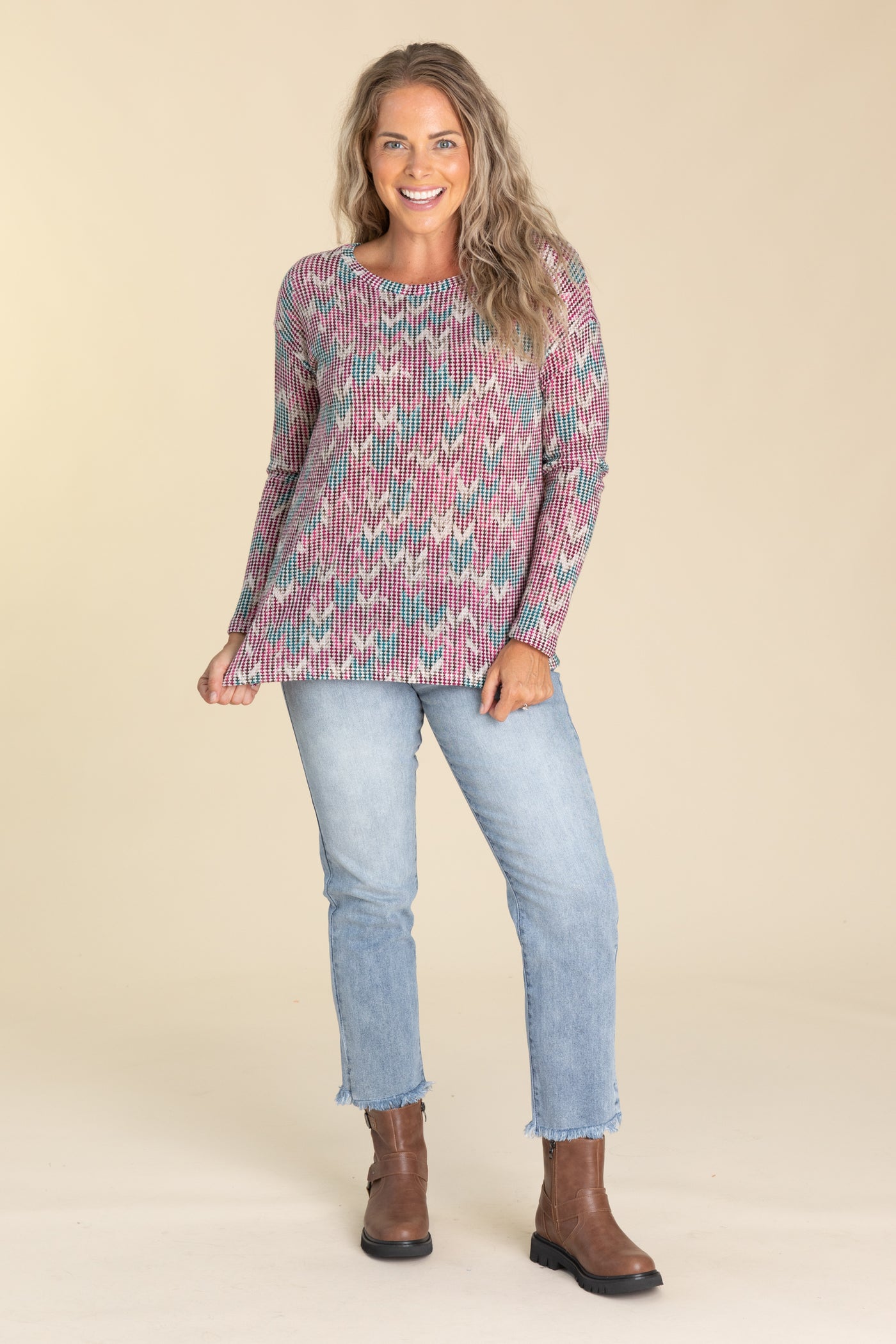 Wine And Teal Chevron Print Knit Top