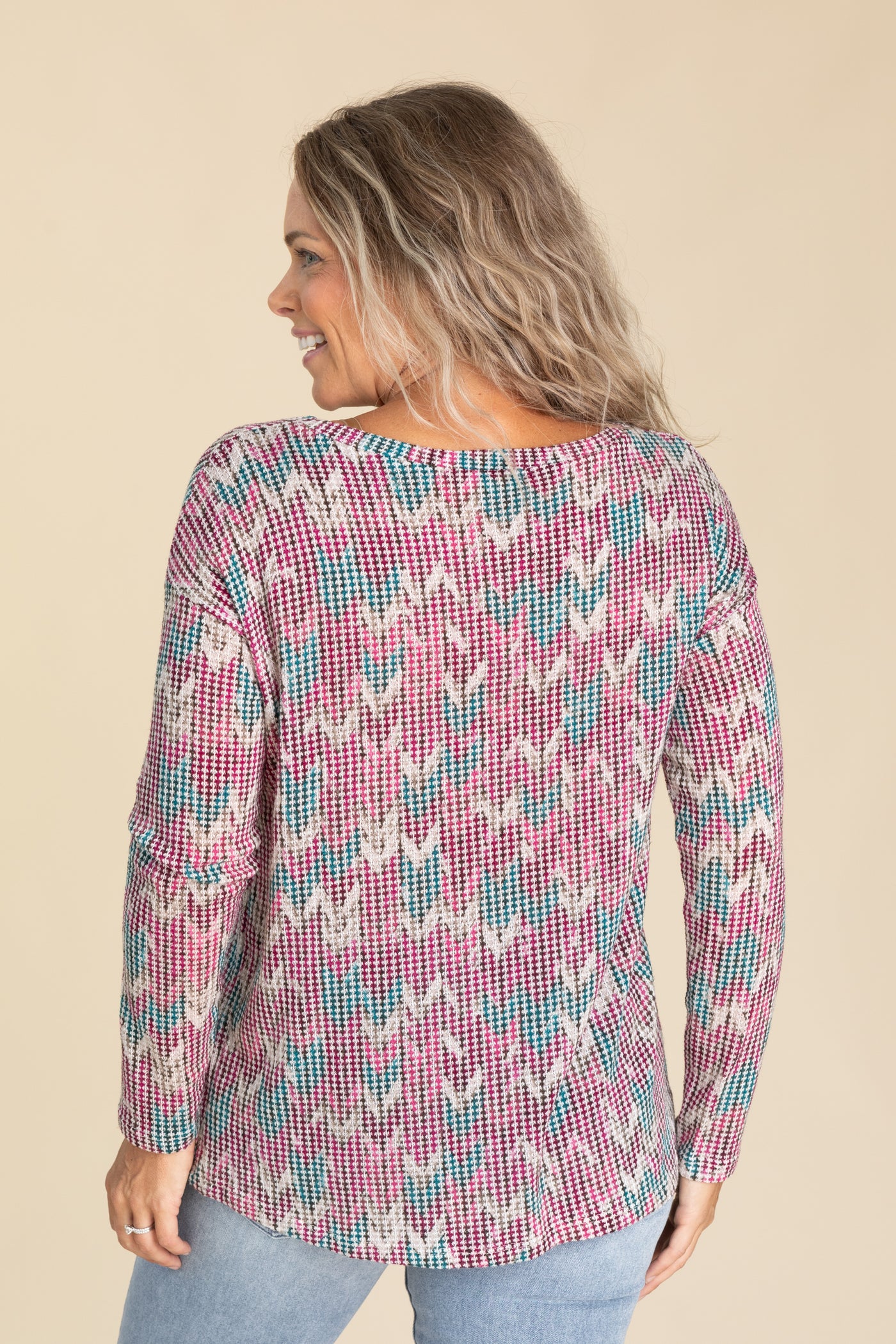 Wine And Teal Chevron Print Knit Top