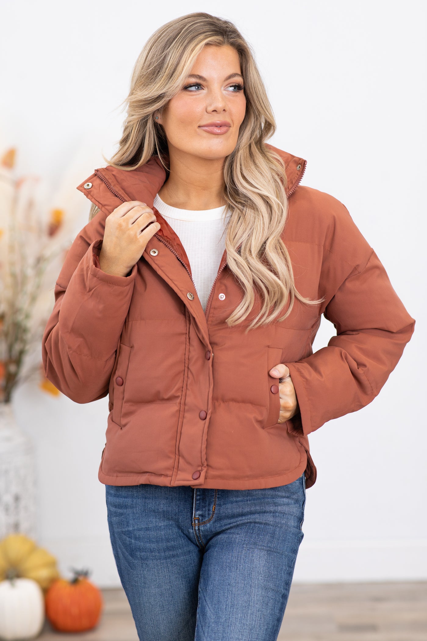 Rust Colored Puffer Jacket Rust Made By Johnny Women's Pop Of