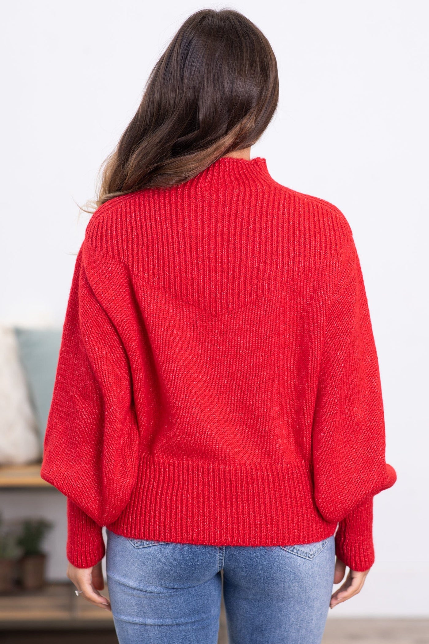 Red Balloon Sleeve Mock Neck Sweater - Filly Flair