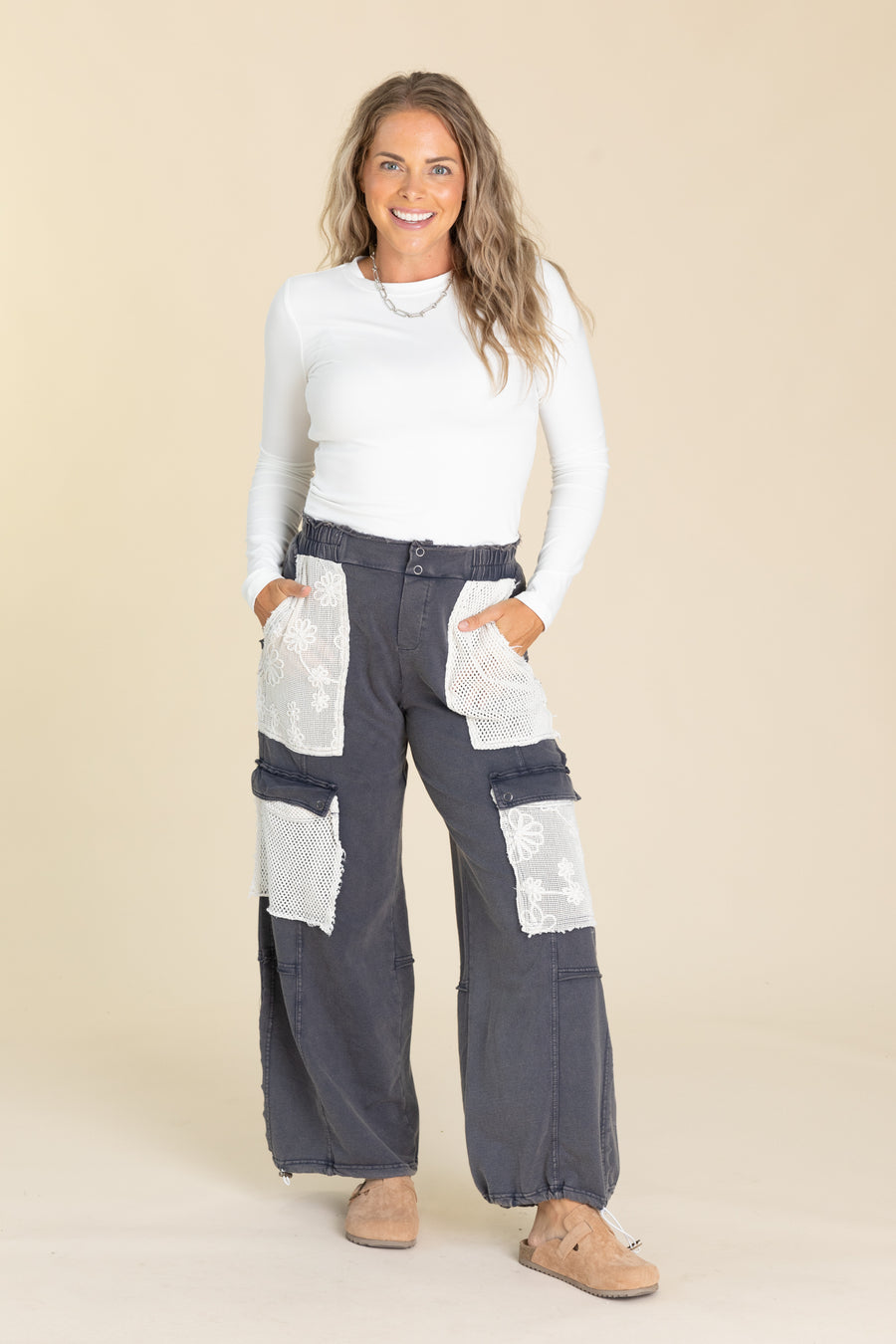 Navy Cotton Patchwork Adjustable Pants