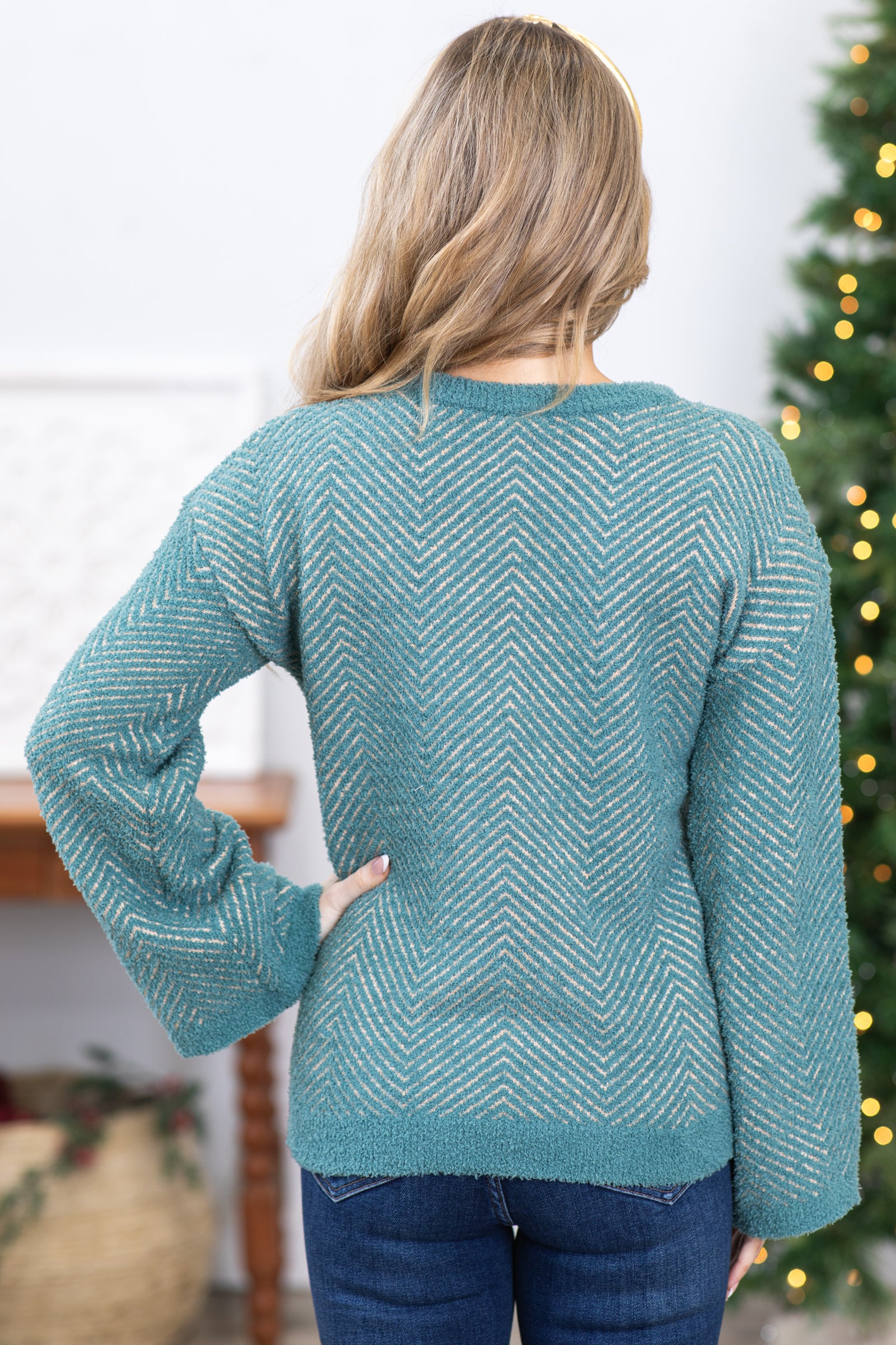 Teal Soft Chevron Sweater With Front Slits